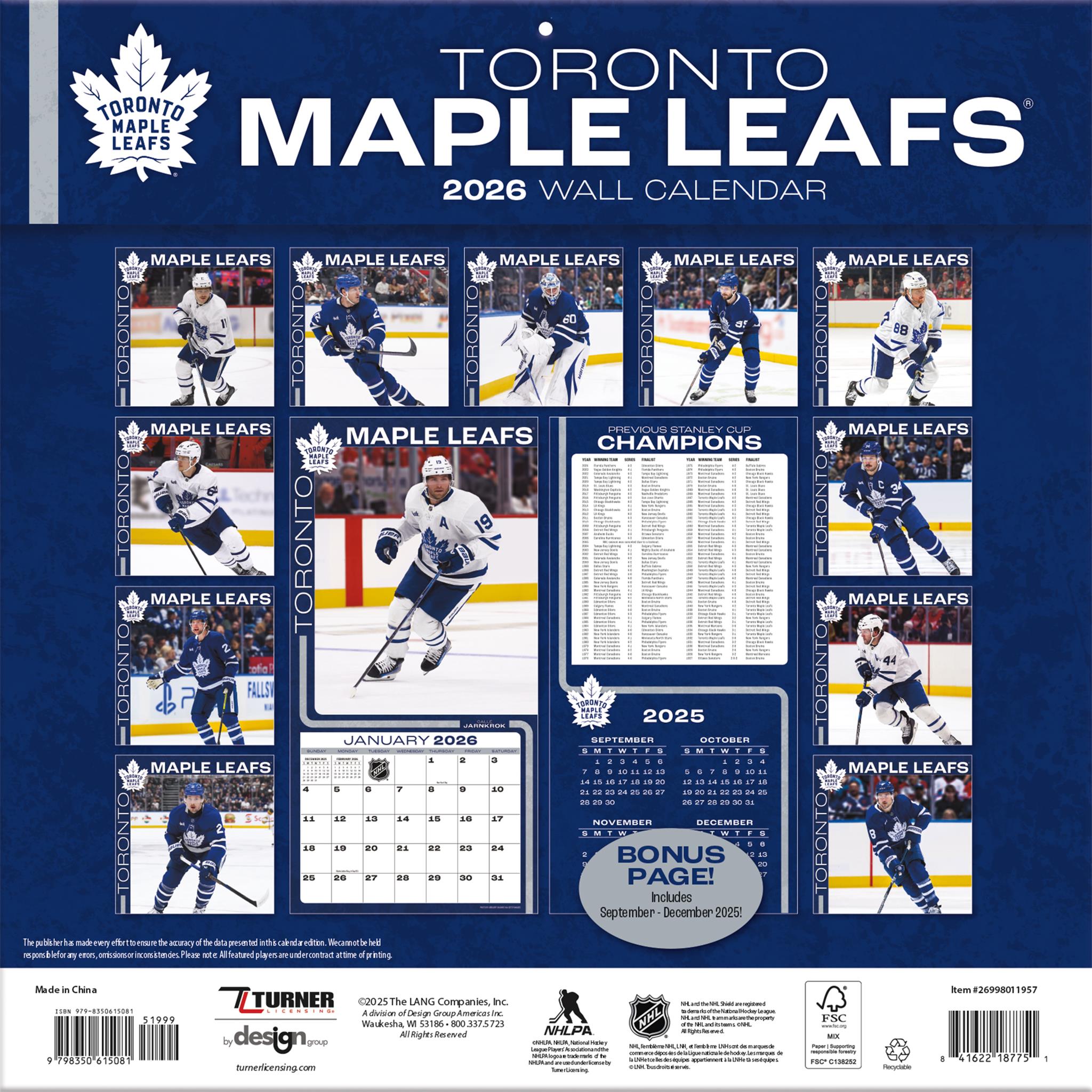 Calendrier mural 2026 des Maple Leafs de Toronto (NHL)