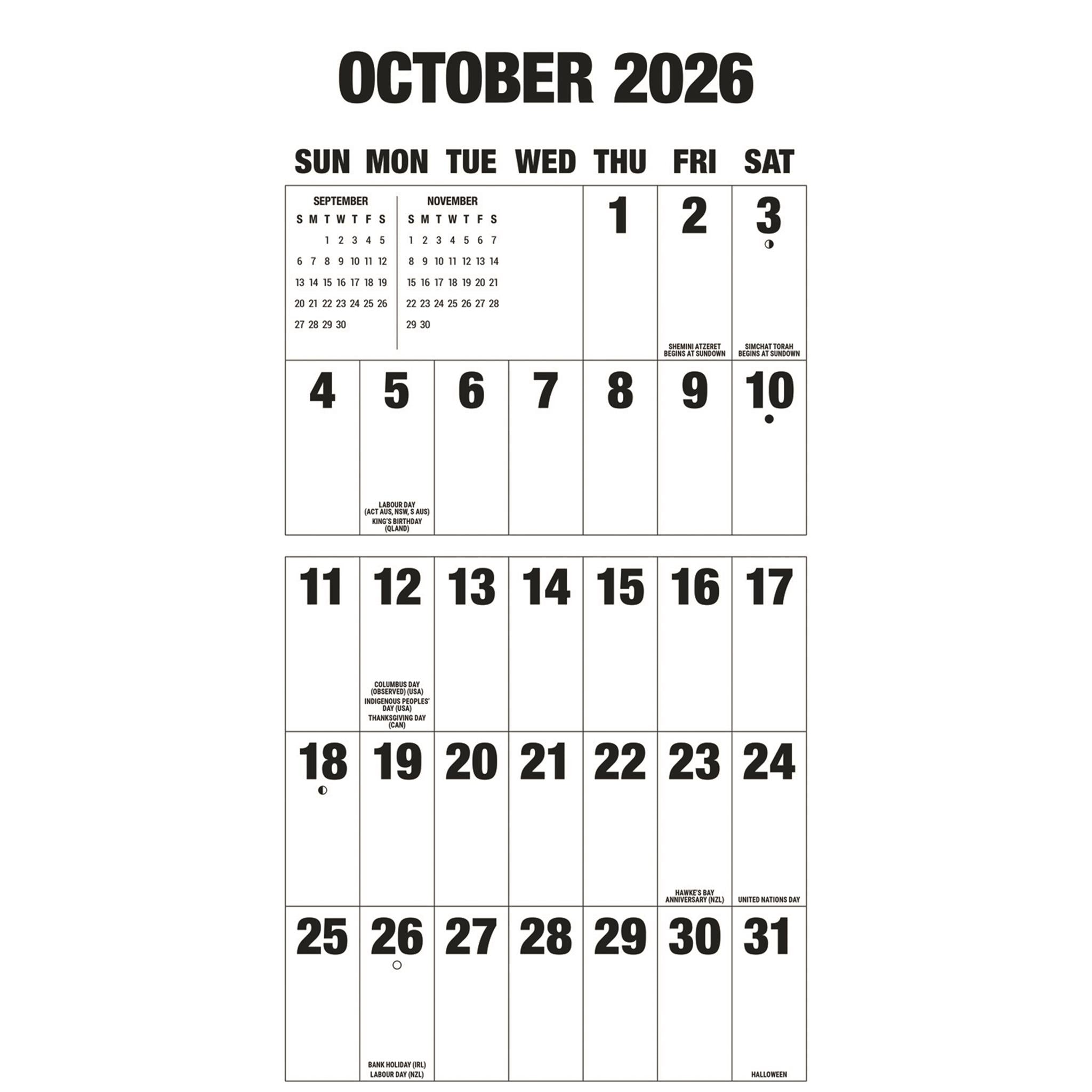 Calendrier mural 2026 avec grandes lettres et grands chiffres