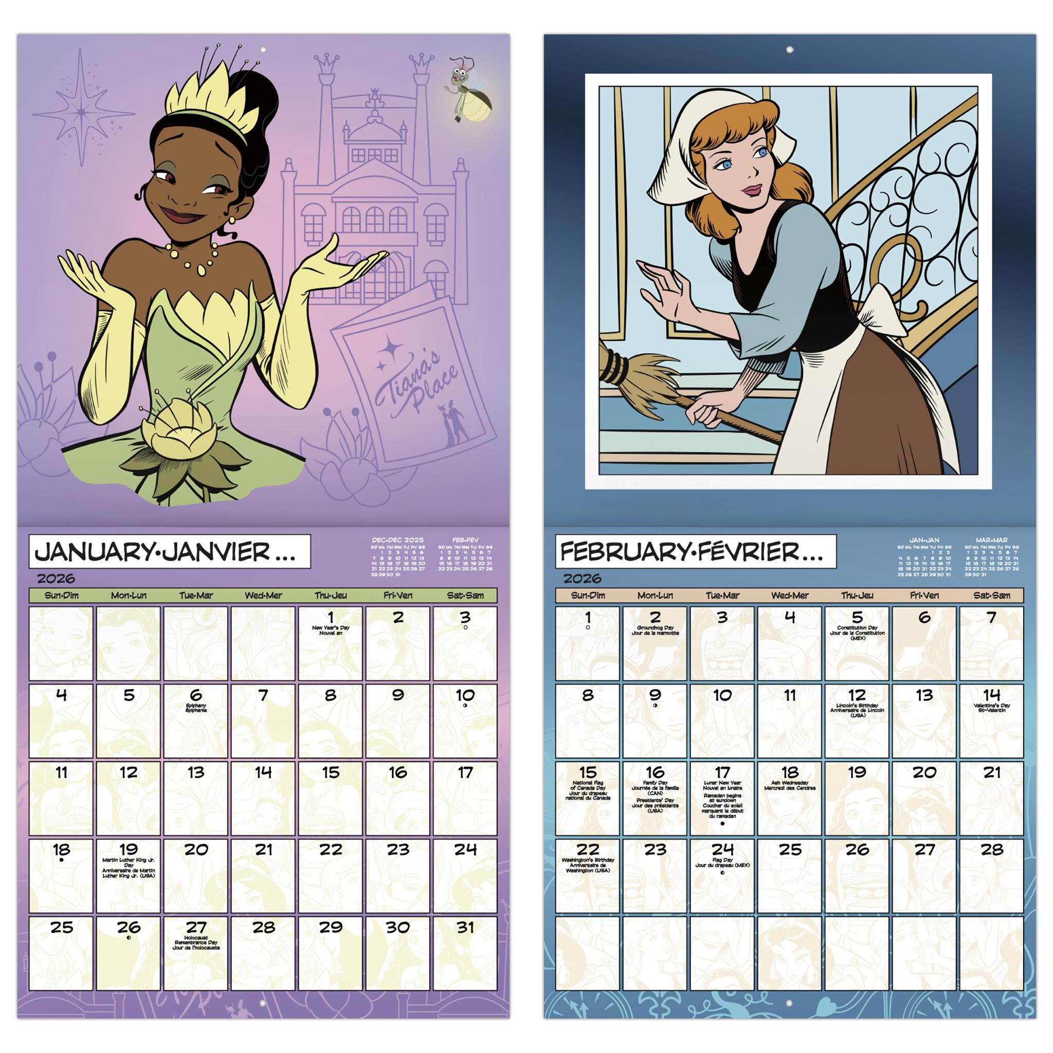 Calendrier mural bilingue Disney Princess 2026