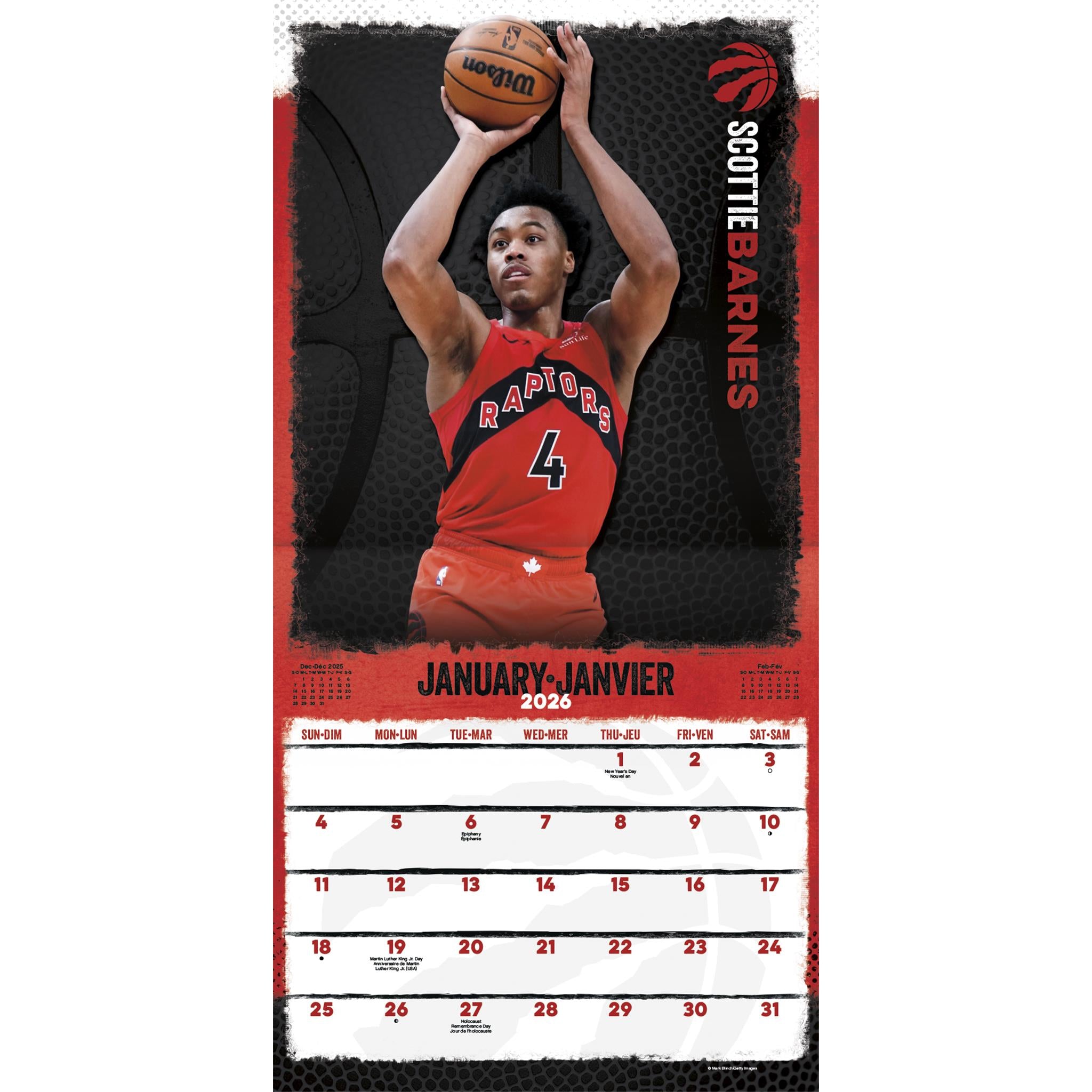 Calendrier mural bilingue des Raptors de Toronto (NBA) 2026