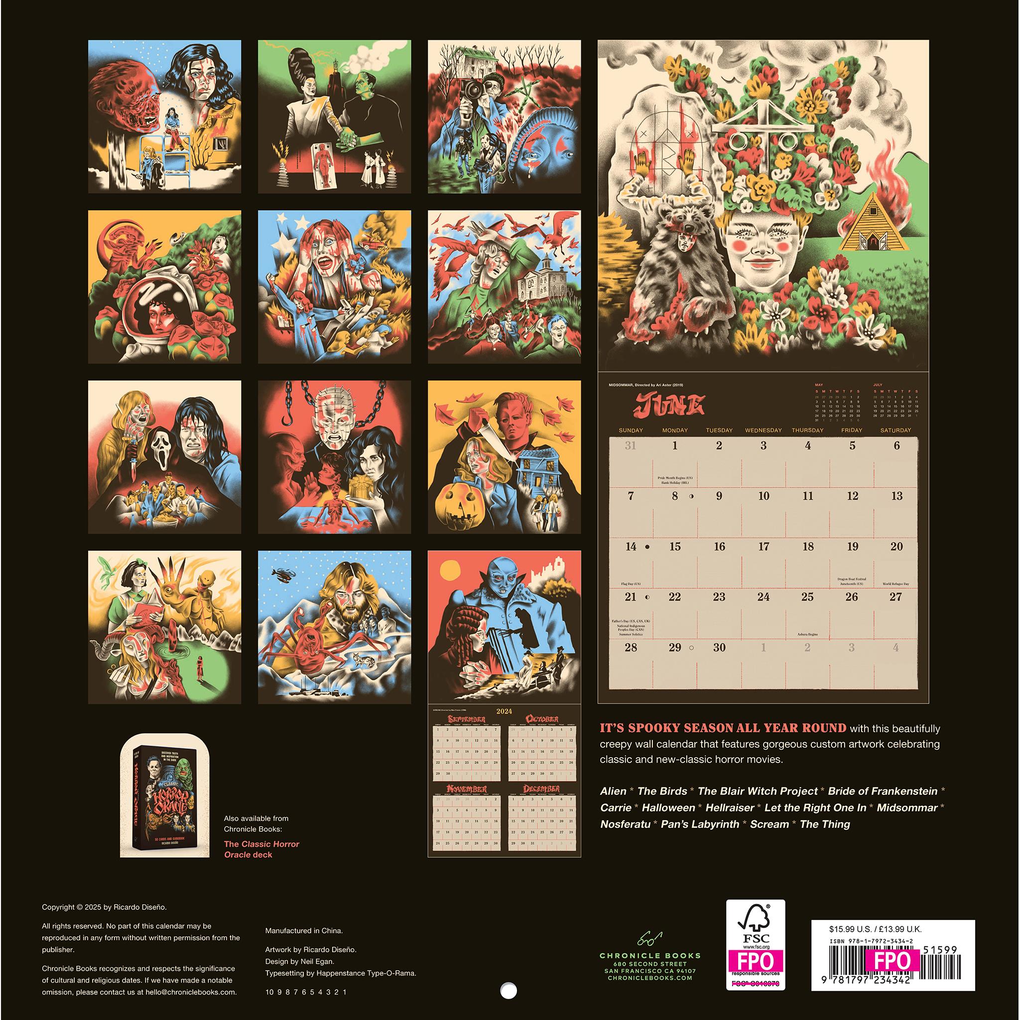 Calendrier mural 2026 des films d'horreur classiques - Disponible uniquement en ligne