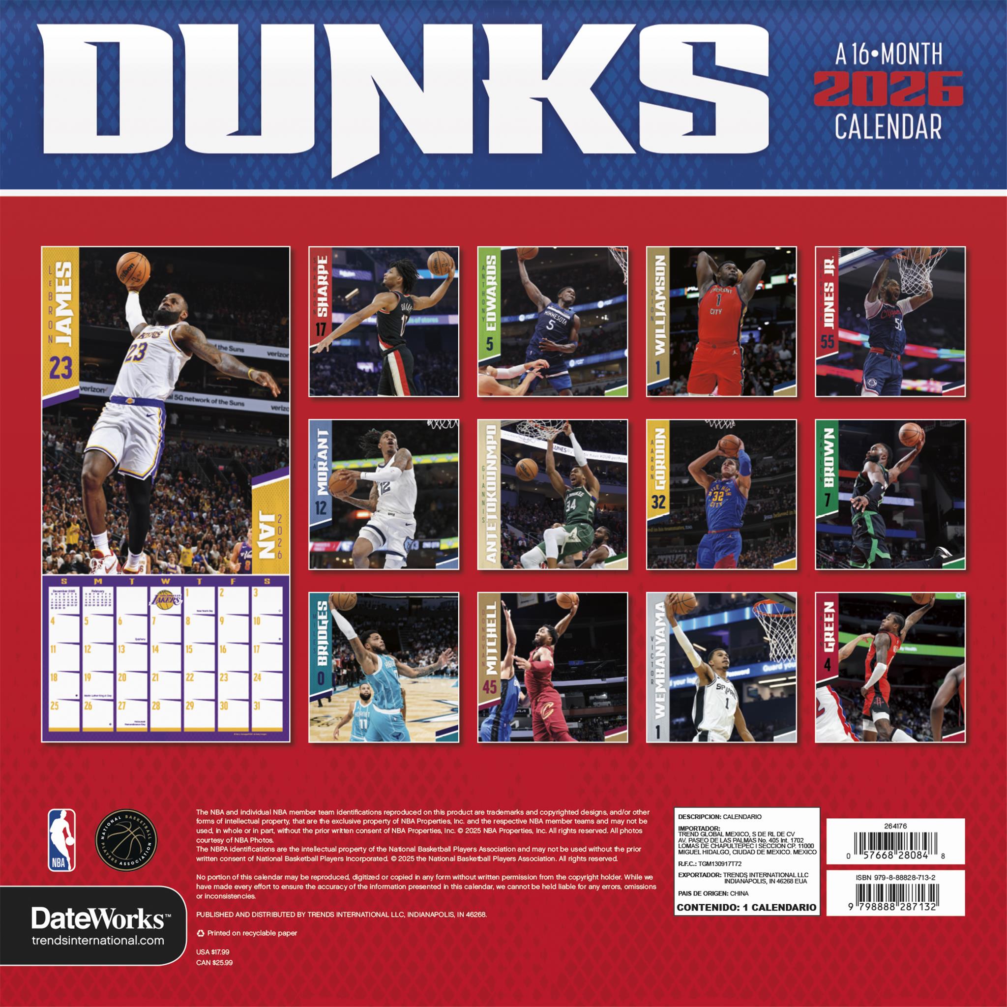Calendrier mural NBA Dunks 2026