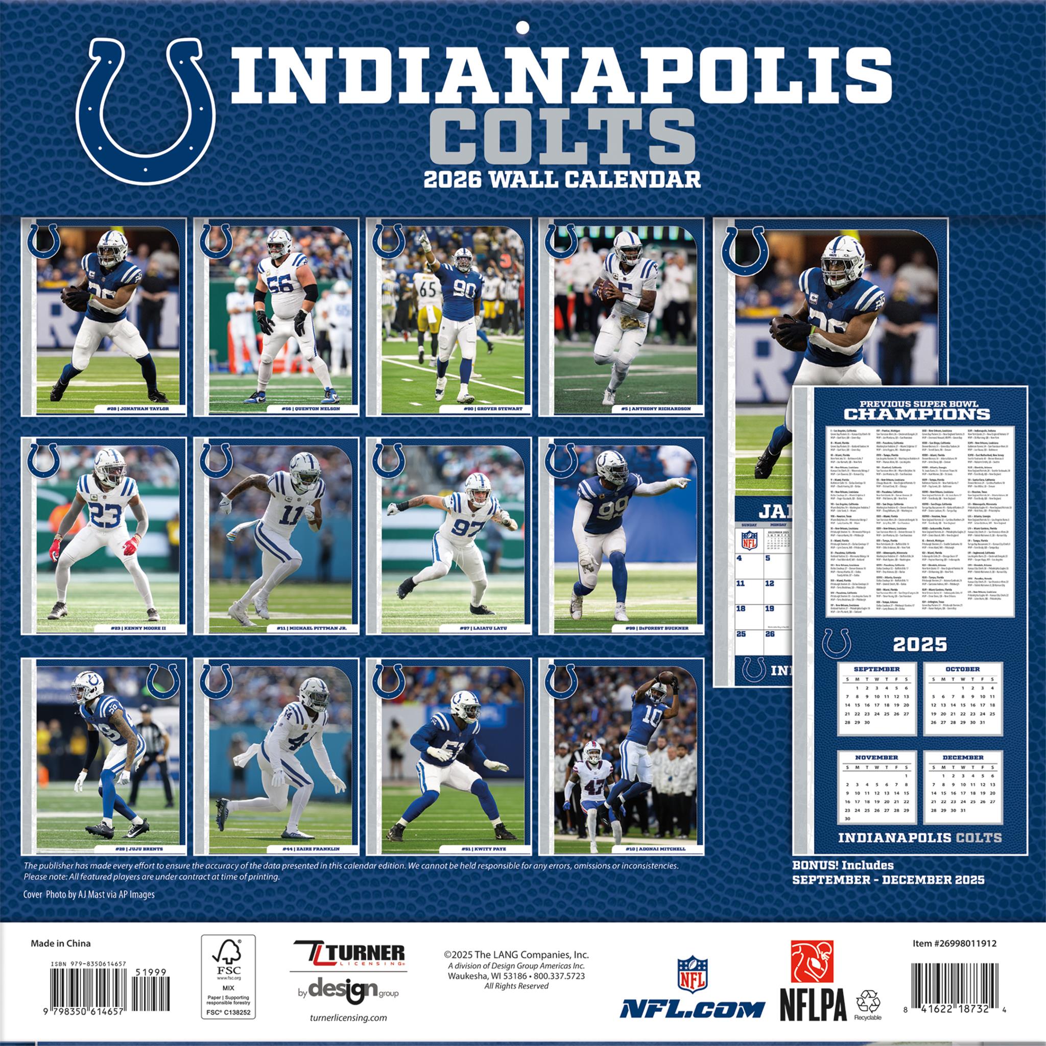 Calendrier mural 2026 des Colts d'Indianapolis (NFL) - Disponible uniquement en ligne
