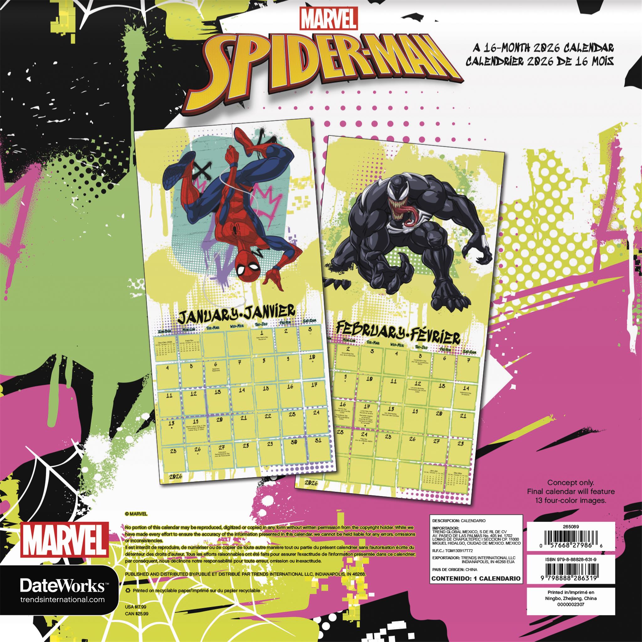 Calendrier mural bilingue Spider-Man 2026