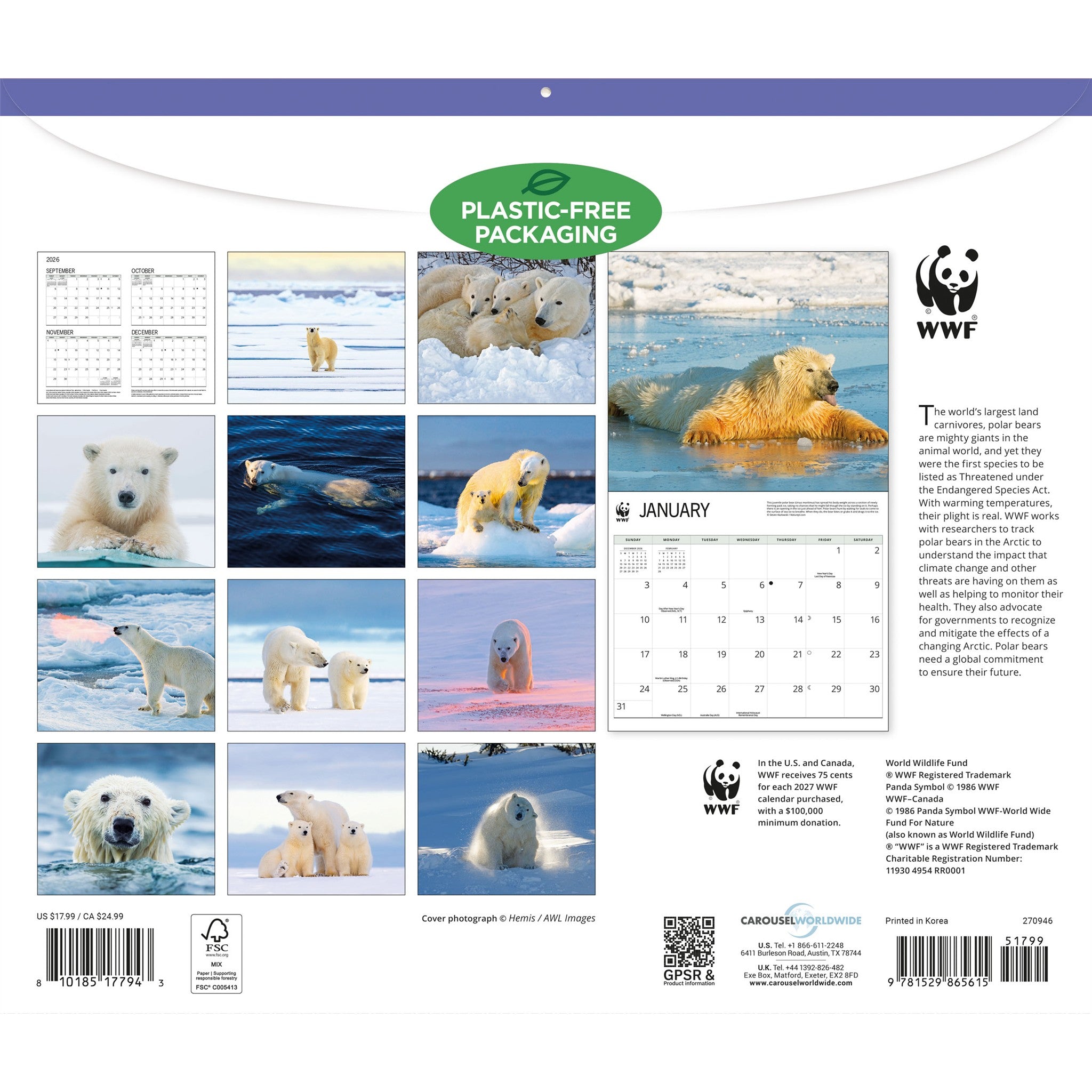 Calendrier mural Ours polaires 2027 du Fonds mondial pour la nature