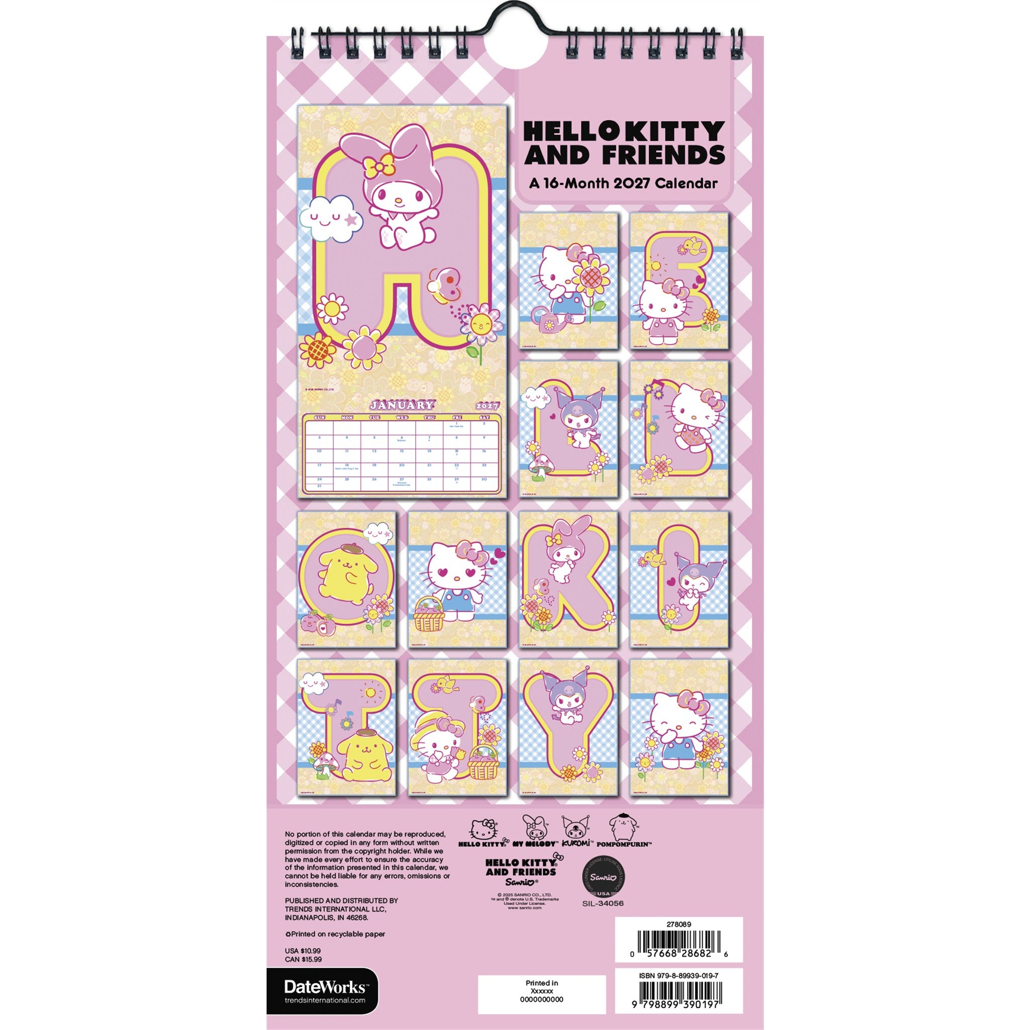 Calendrier mural slim Hello Kitty et ses amis 2027