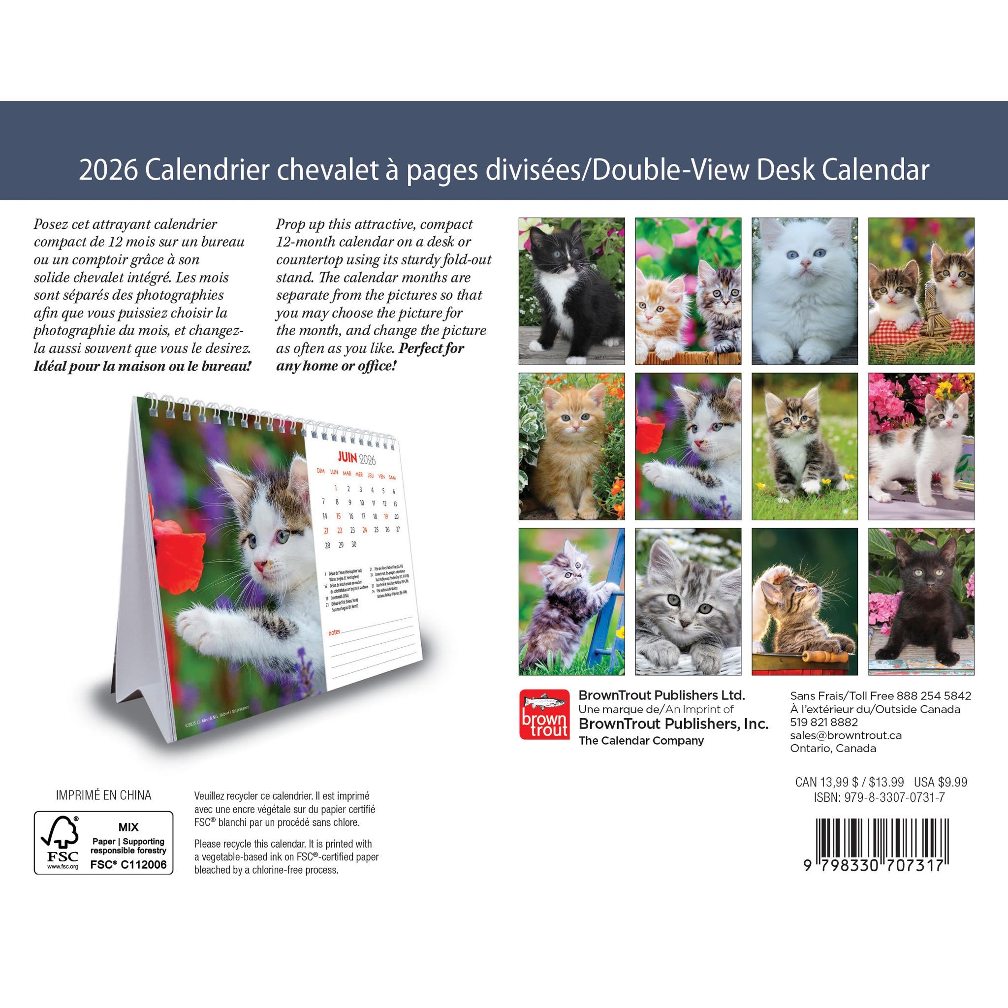 Calendrier chevalet double vue Chatons 2026 (français)