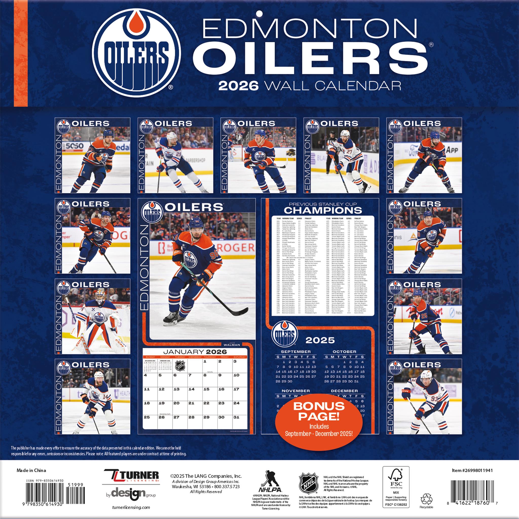 Calendrier mural 2026 des Oilers d'Edmonton de la LNH