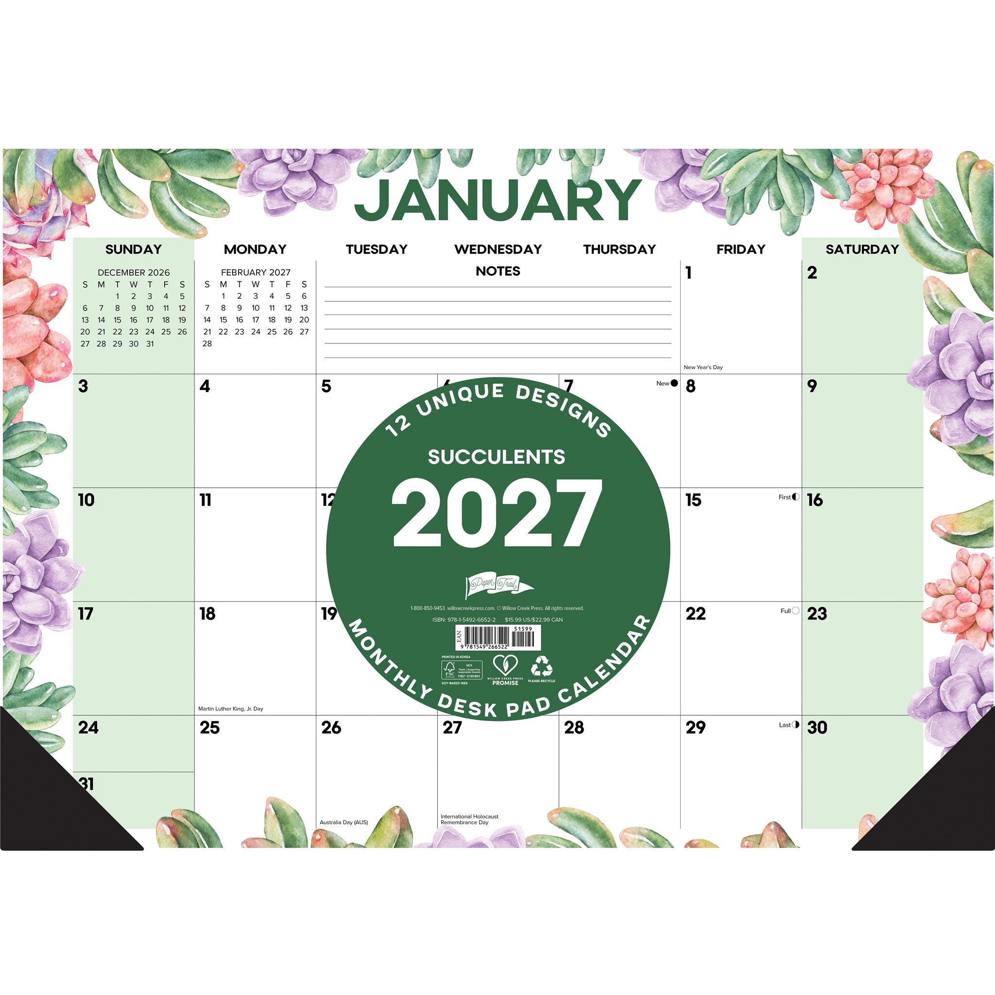 Succulents 2027 Small Desk Pad Calendar