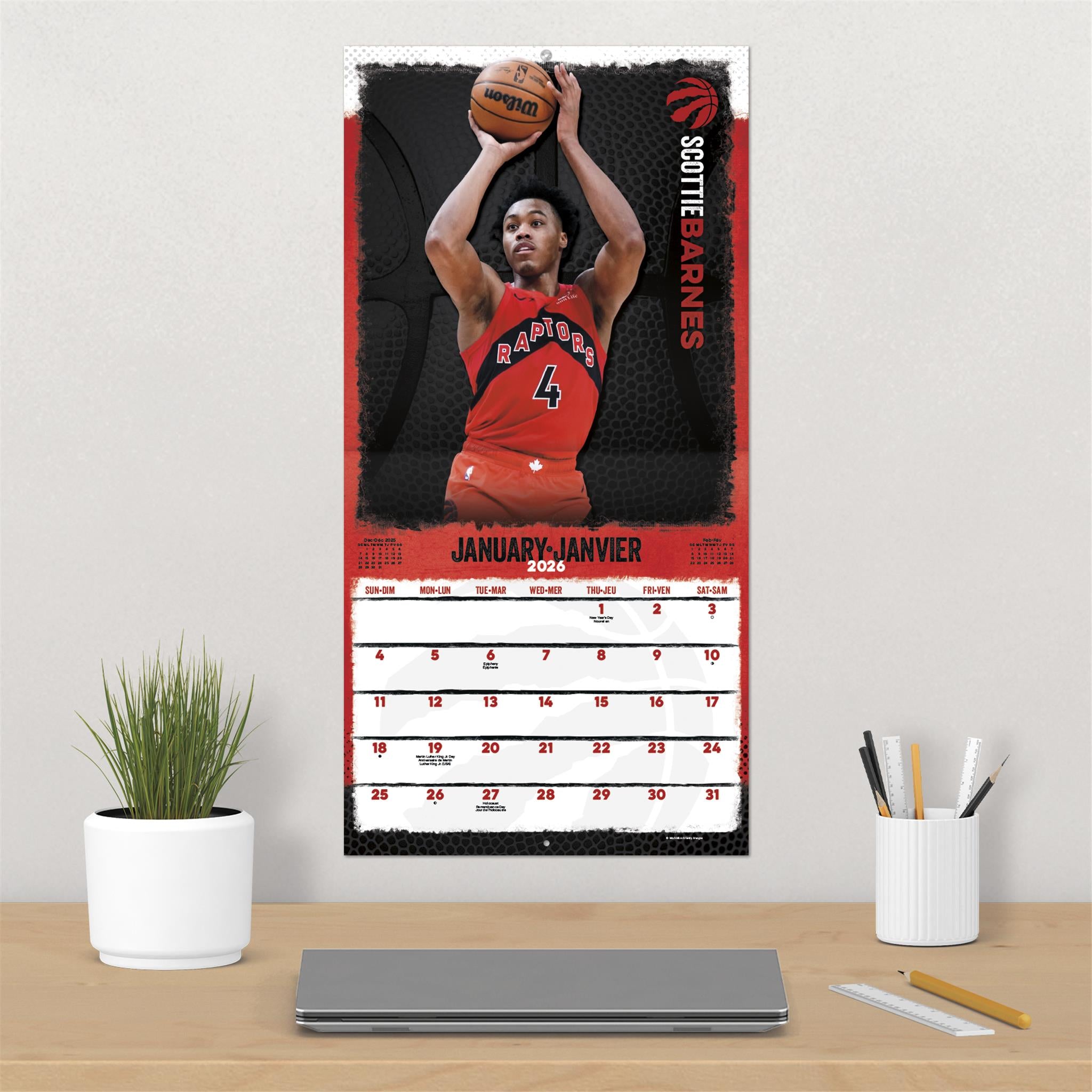 Calendrier mural bilingue des Raptors de Toronto (NBA) 2026