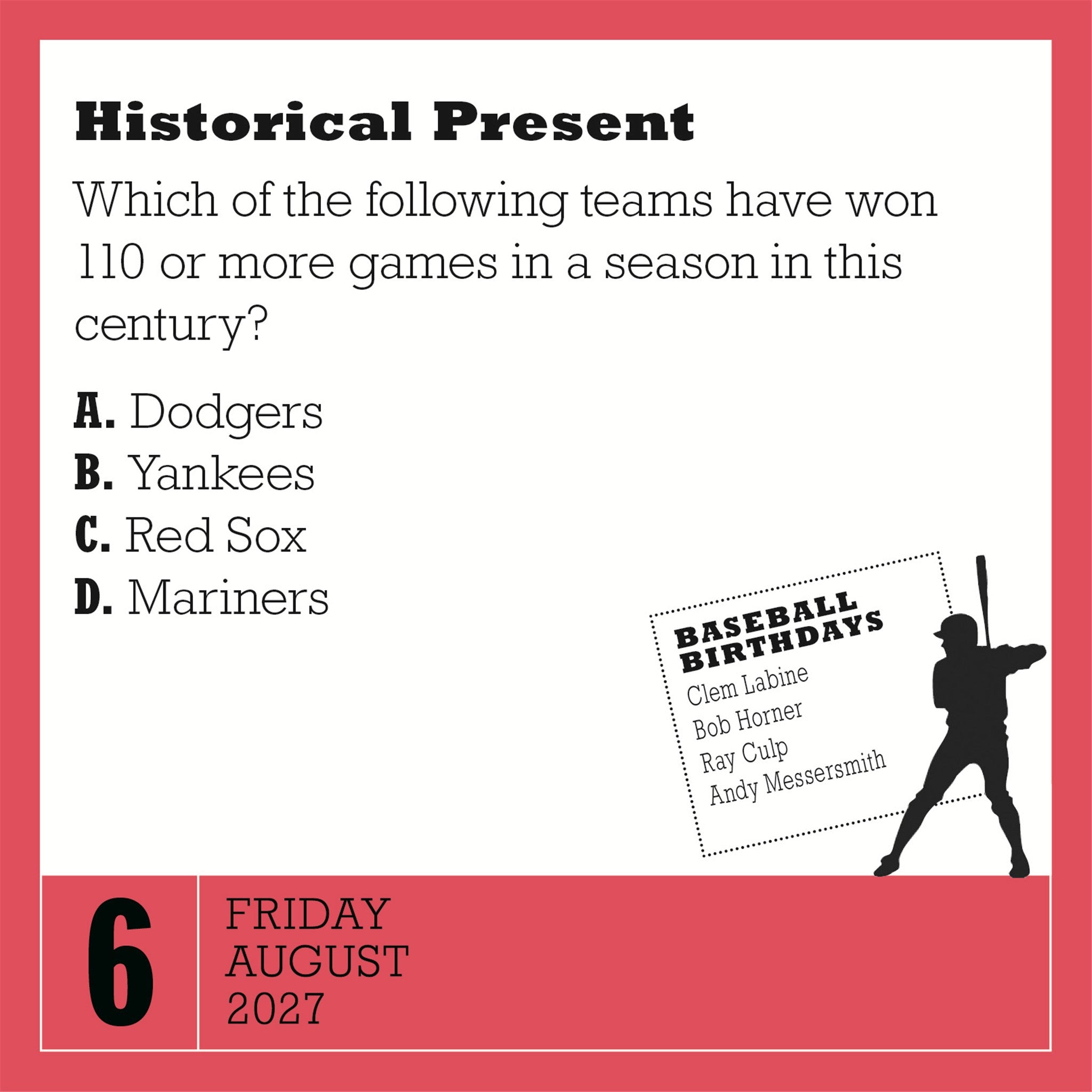 Un calendrier de bureau Un an d'anecdotes sur le baseball 2027