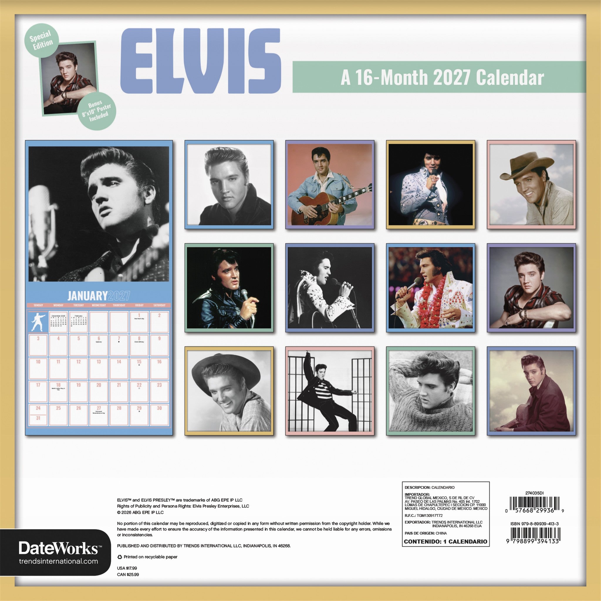 Elvis Presley Exclusive with Print 2027 Wall Calendar