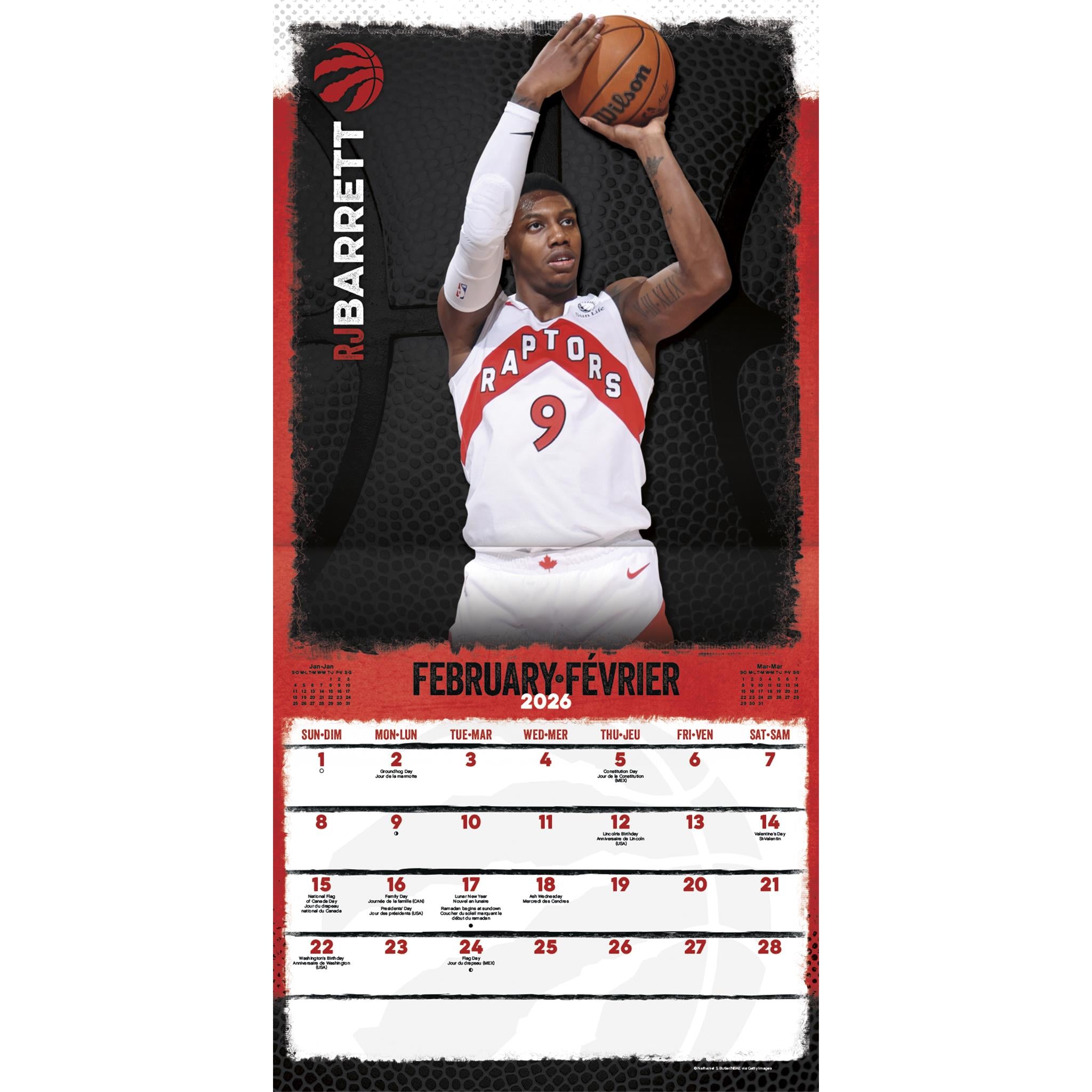 Calendrier mural bilingue des Raptors de Toronto (NBA) 2026