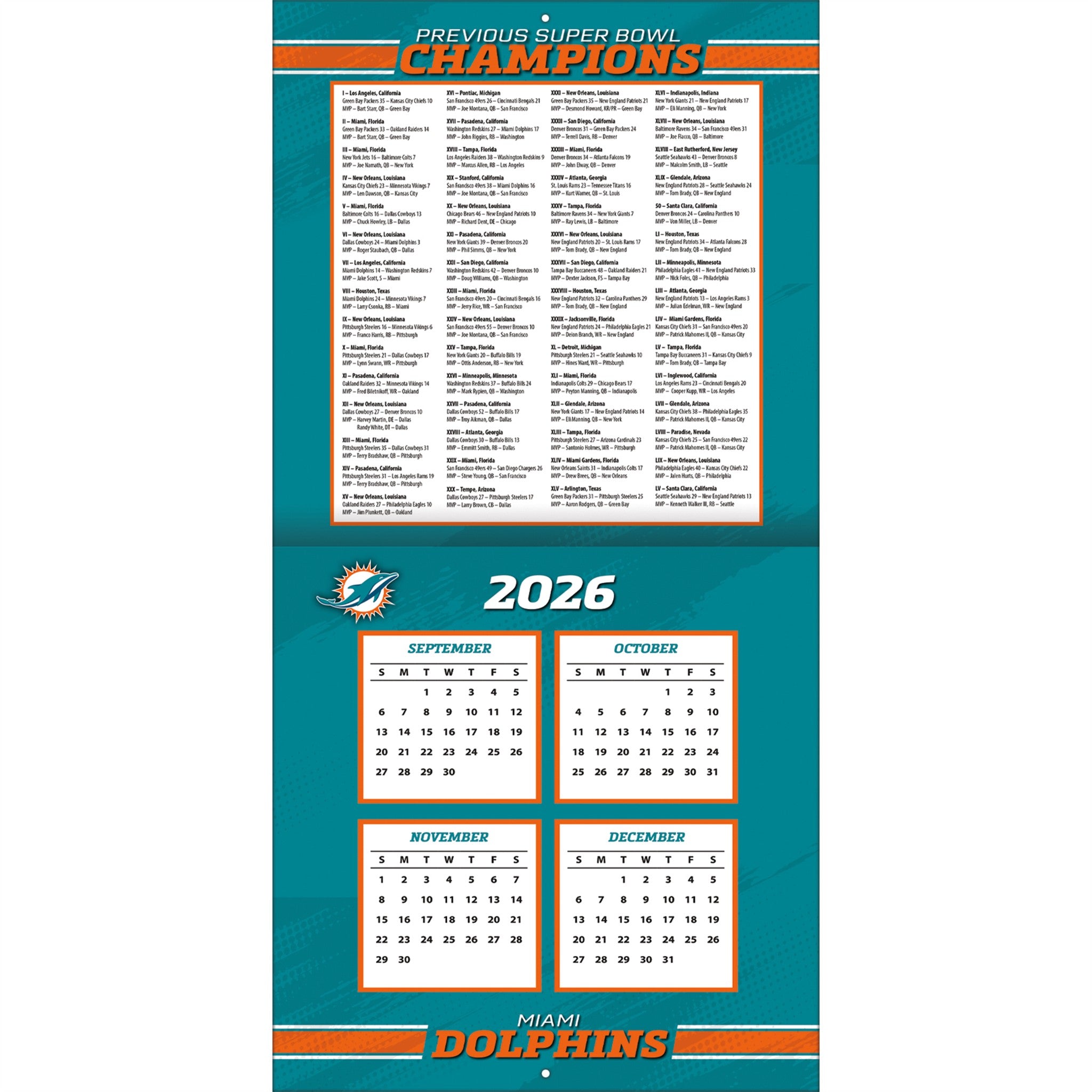 NFL Miami Dolphins 2027 Wall Calendar - Online Only