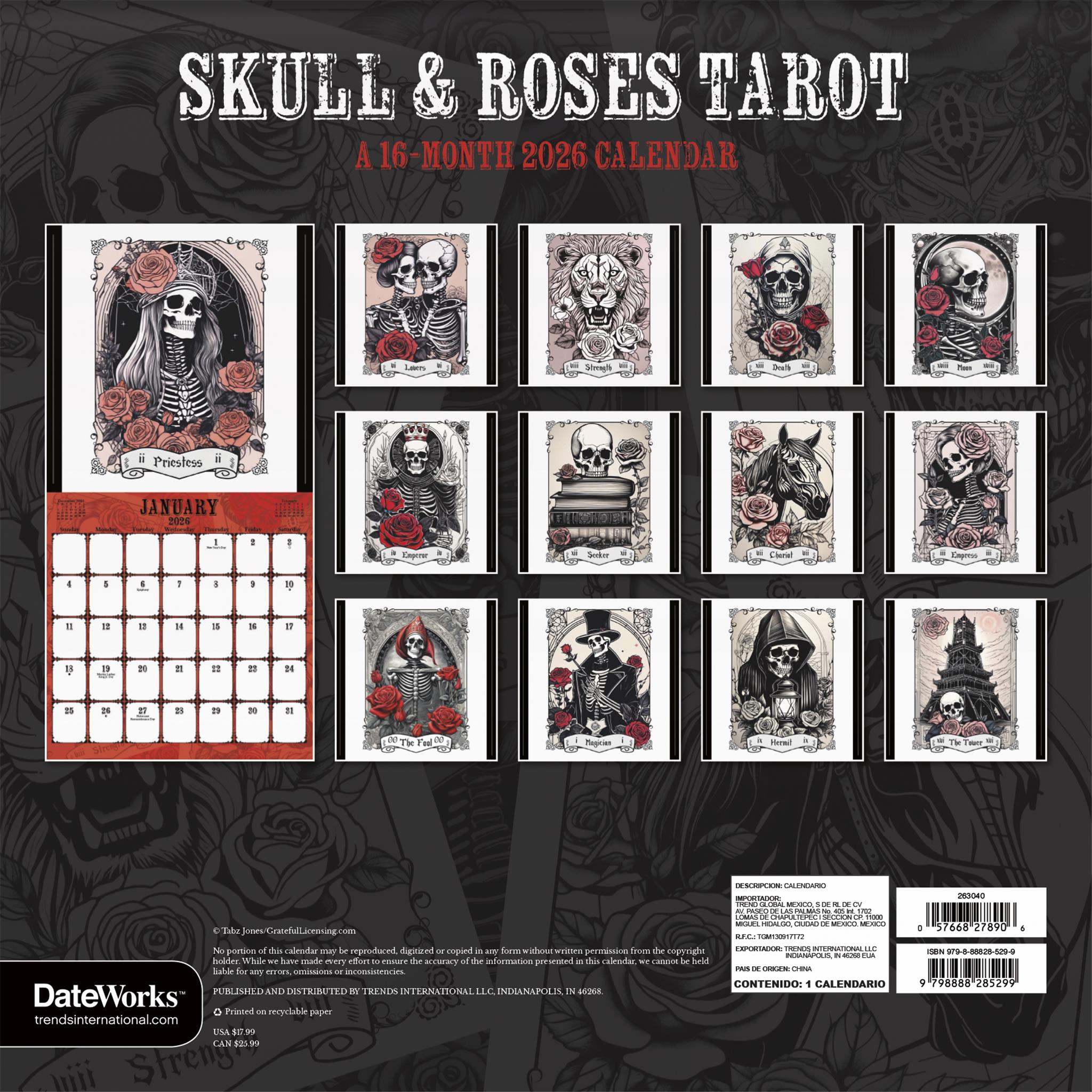 Calendrier mural Tarot - Crânes et Roses 2026 - Disponible uniquement en ligne