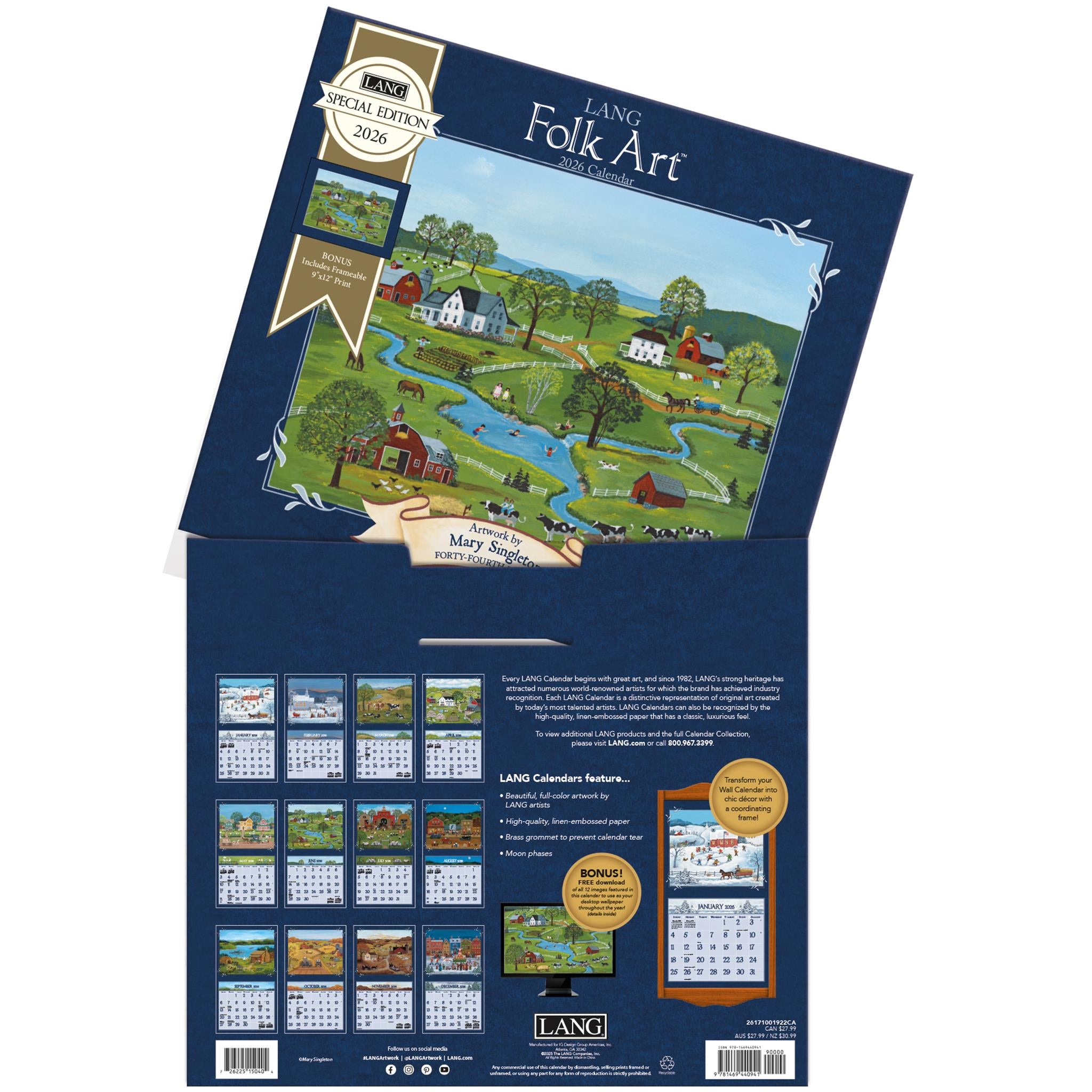 Calendrier mural édition spéciale 2026 de Lang Folk Art avec impression