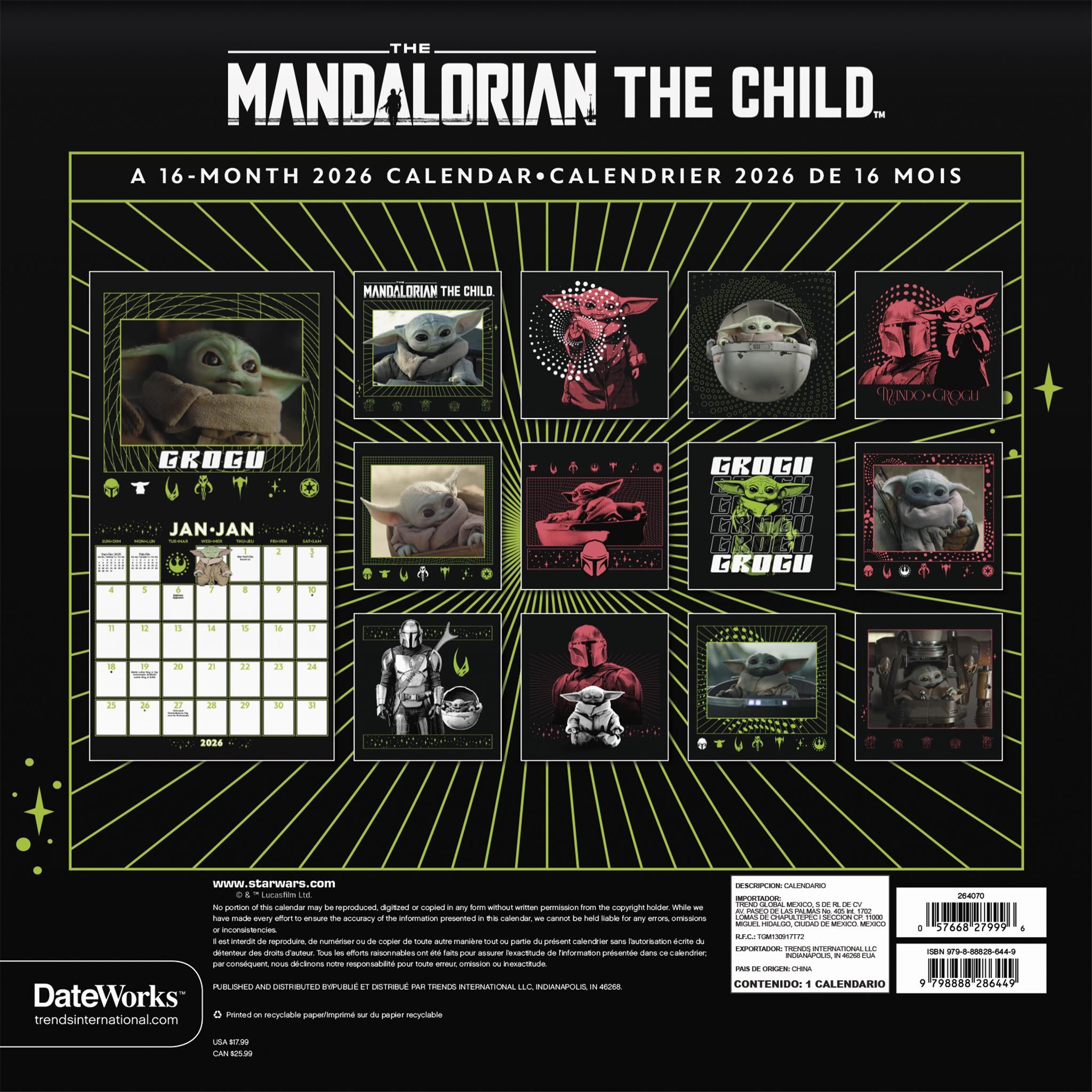 Calendrier mural bilingue Star Wars Mandalorian Grogu 2026