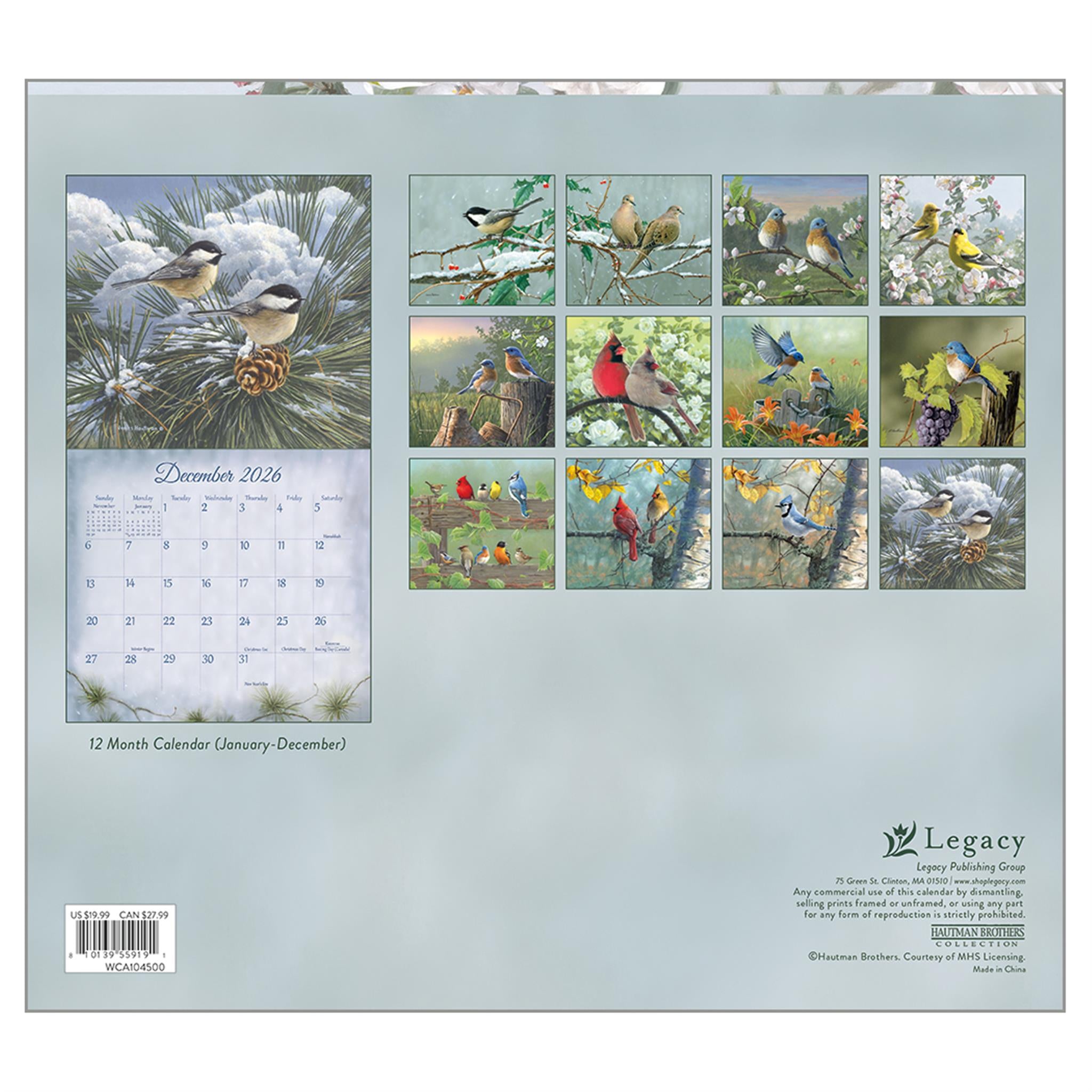 Calendrier mural édition spéciale de luxe Songbirds 2026 avec cartes