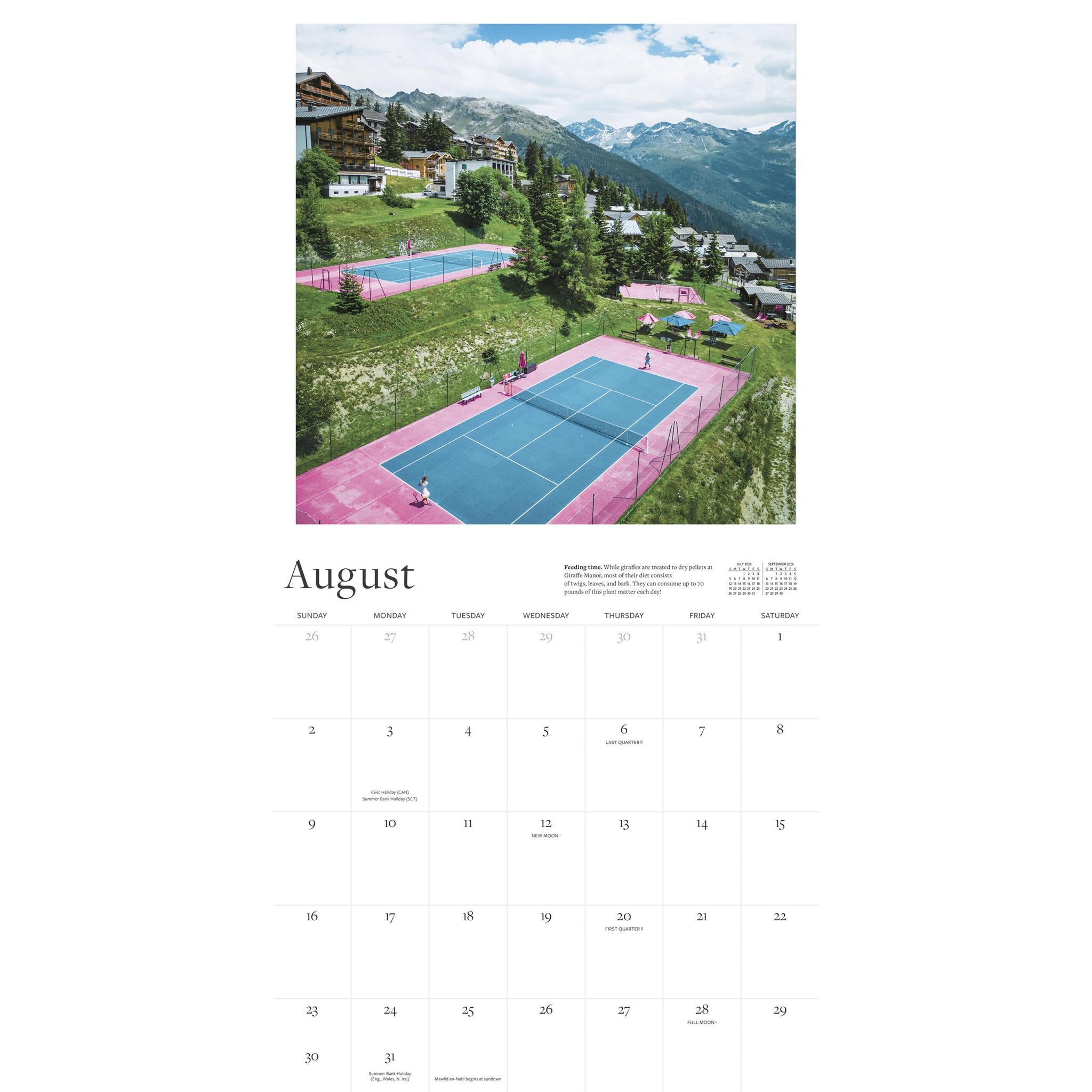 Calendrier mural 2026 du court de tennis - Disponible uniquement en ligne