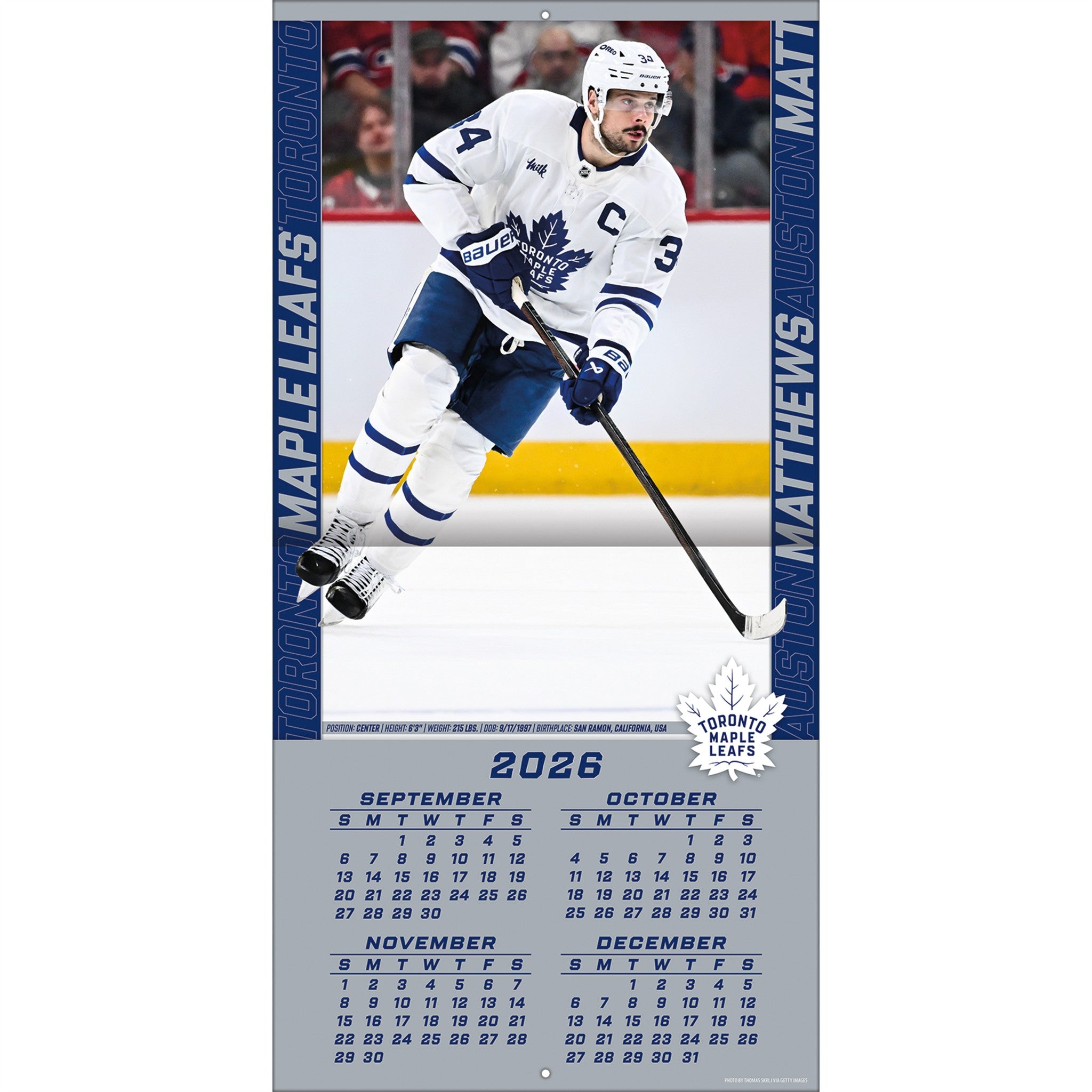 NHL Auston Matthews Toronto Maple Leafs 2027 Wall Calendar