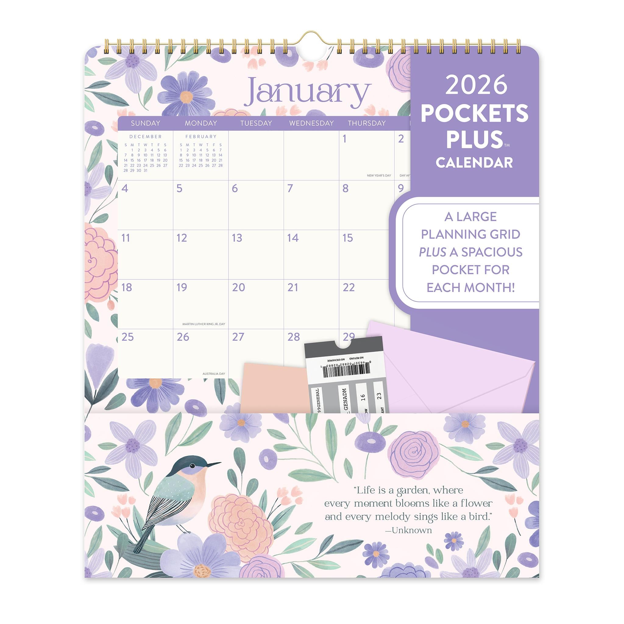 Birds and Blooms Pockets Plus 2026 Wall Calendar