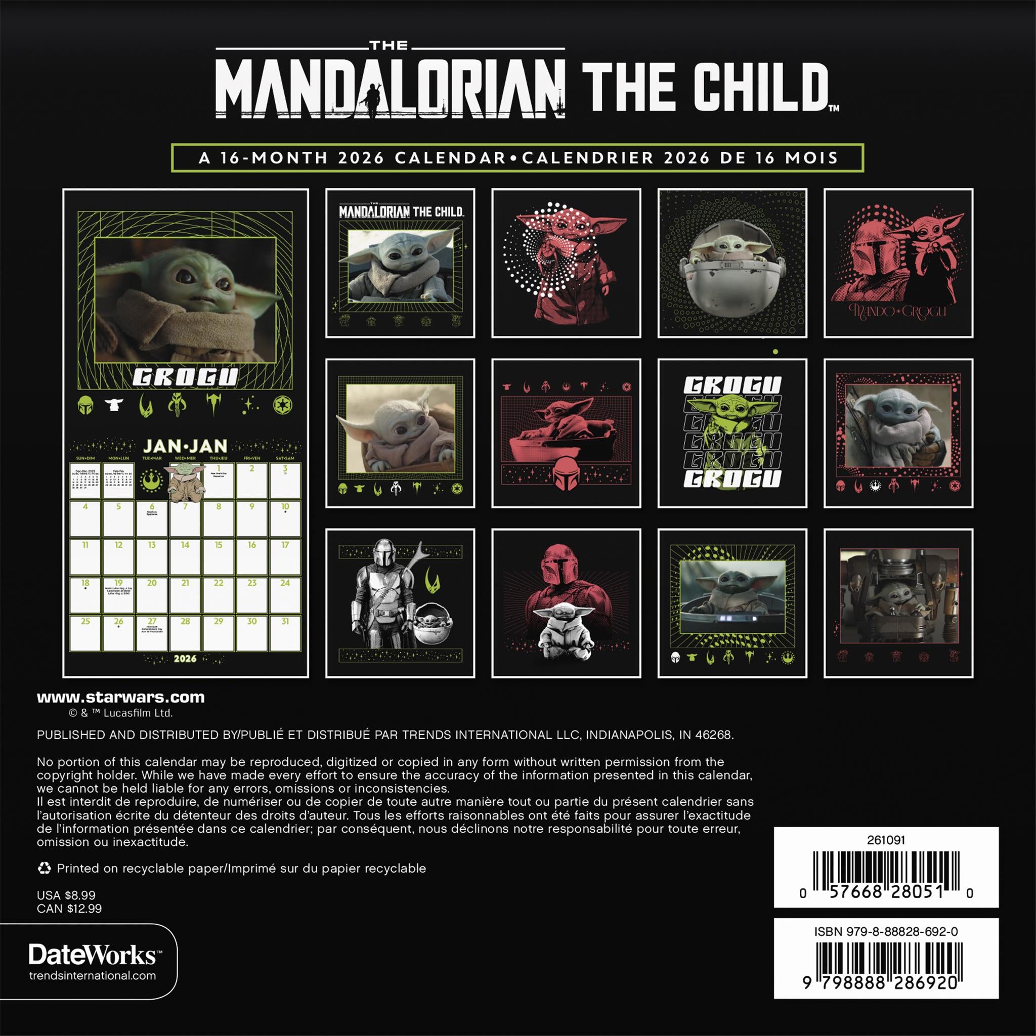 Mini-calendrier bilingue Star Wars Mandalorian Grogu 2026