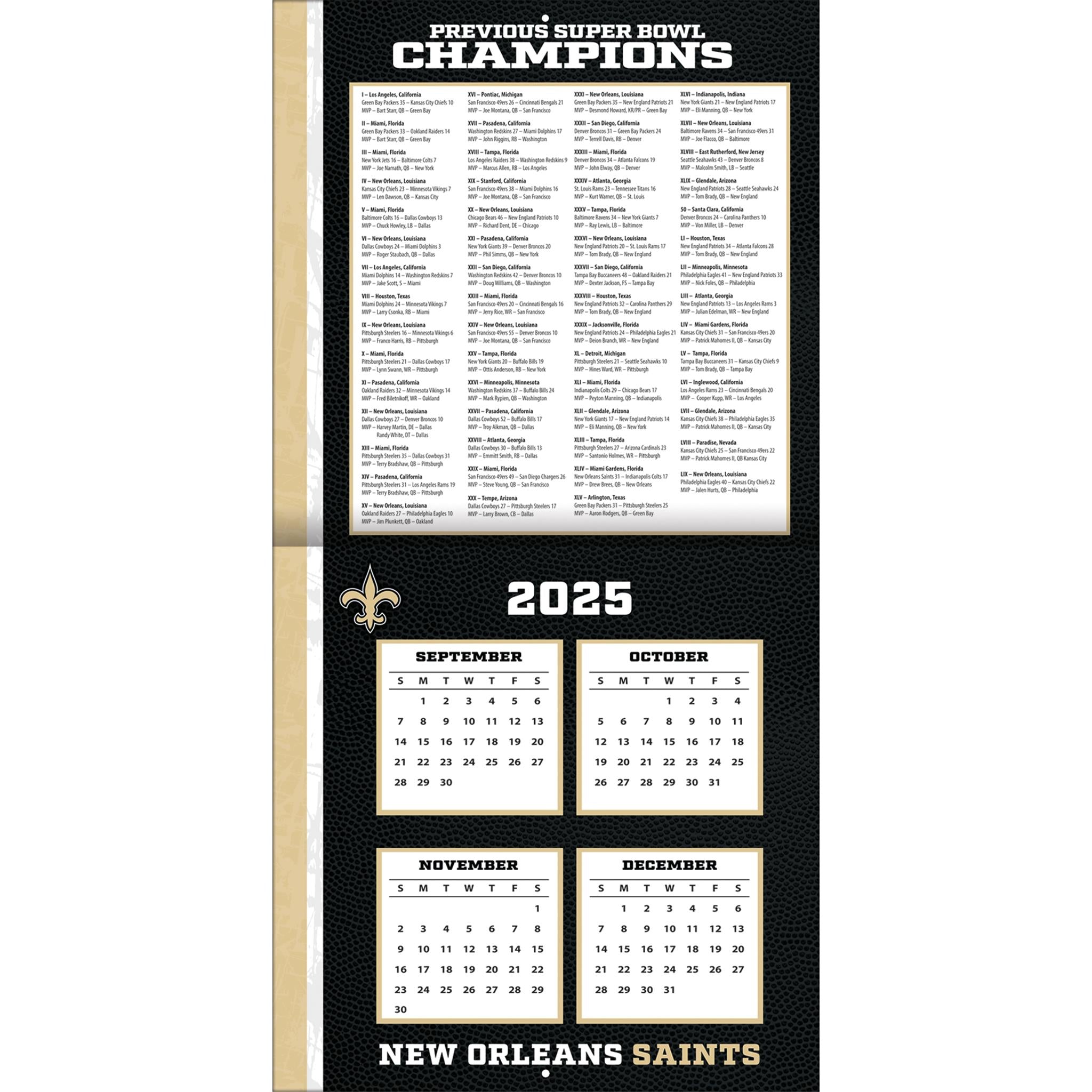 Calendrier mural 2026 des Saints de la Nouvelle-Orléans (NFL)