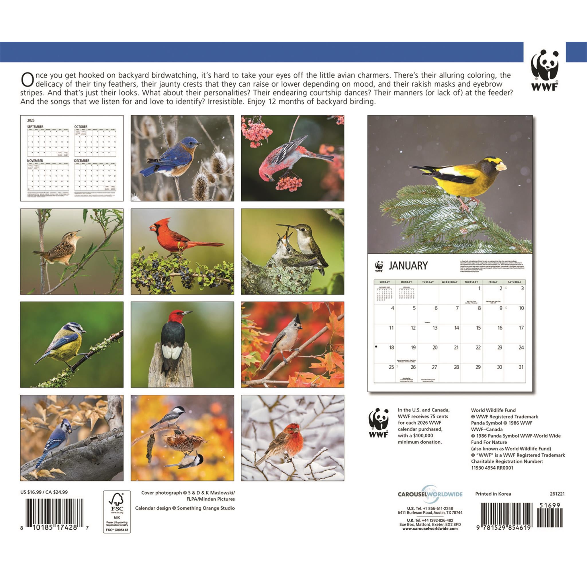 Calendrier mural 2026 du Fonds mondial pour la nature (WWF) : Oiseaux de jardin
