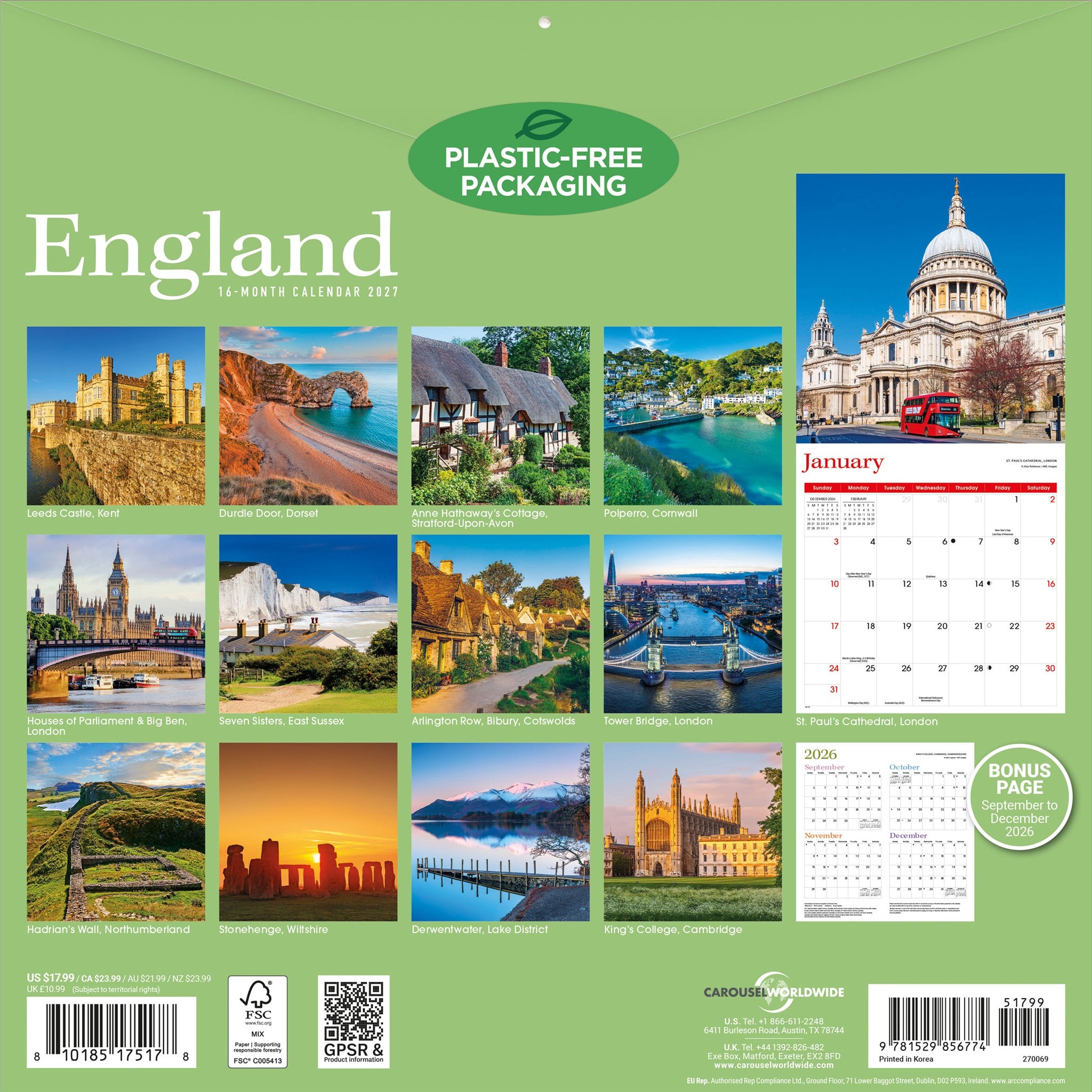 Calendrier mural Angleterre 2027