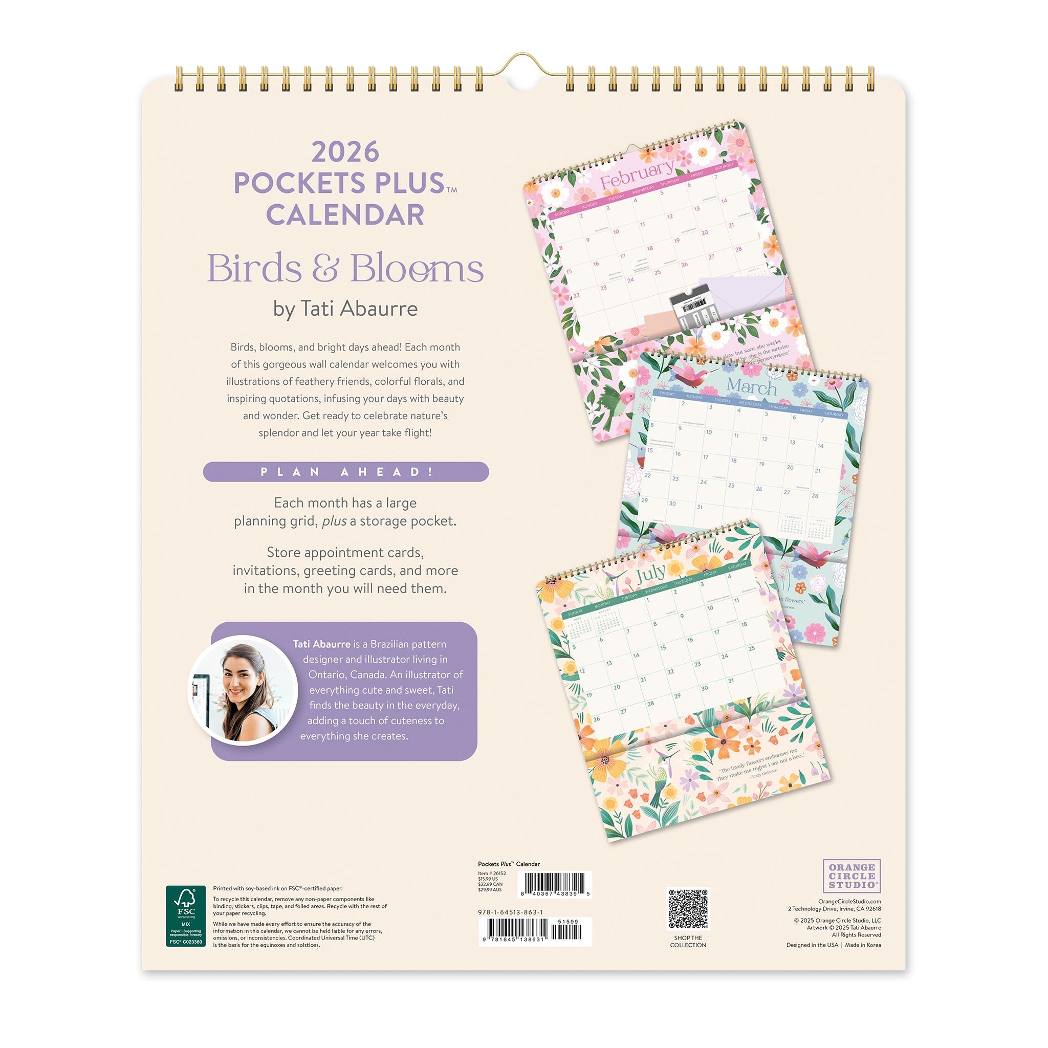 Birds and Blooms Pockets Plus 2026 Wall Calendar