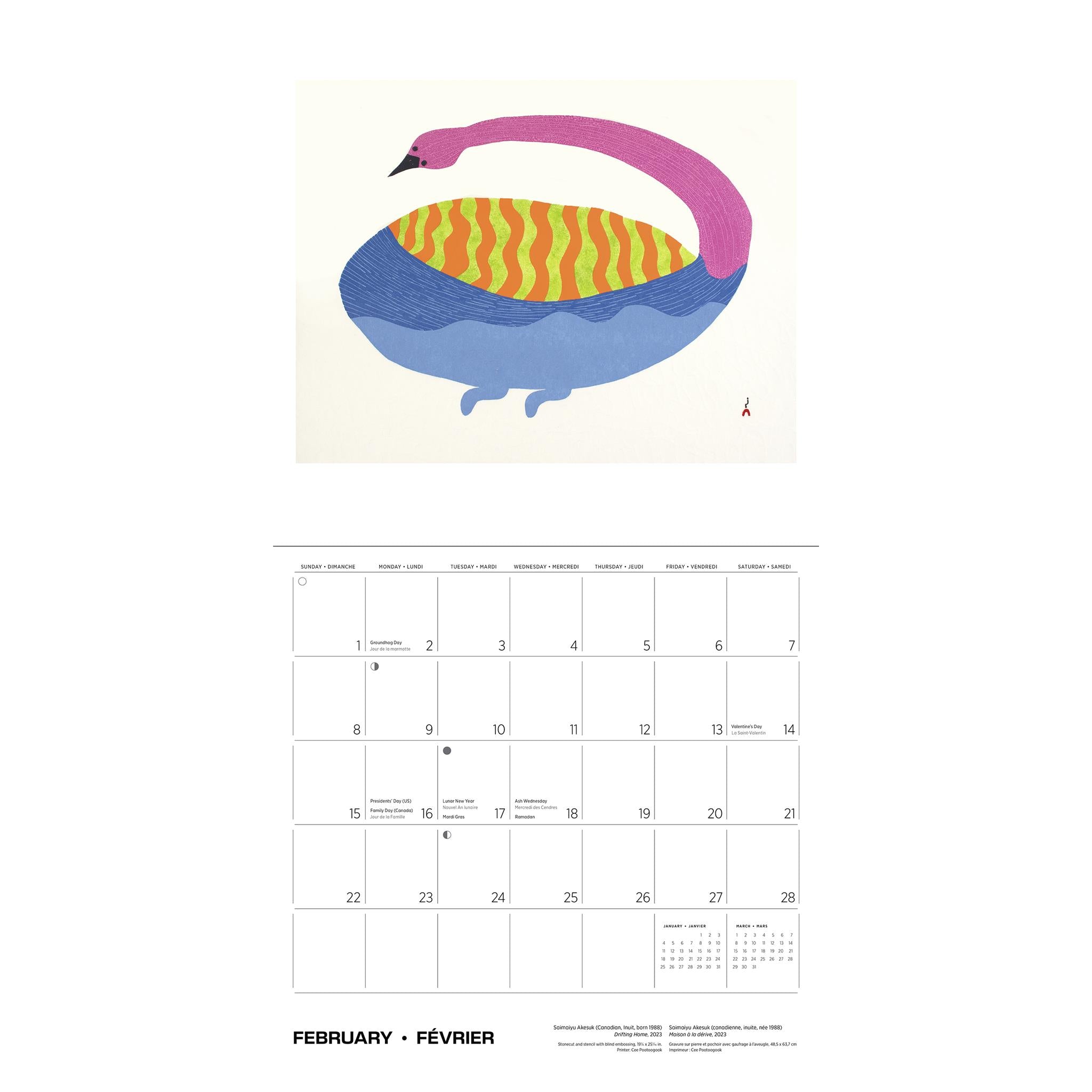 Calendrier mural édition spéciale 2026 d'Inuit Art Cape Dorset avec impression