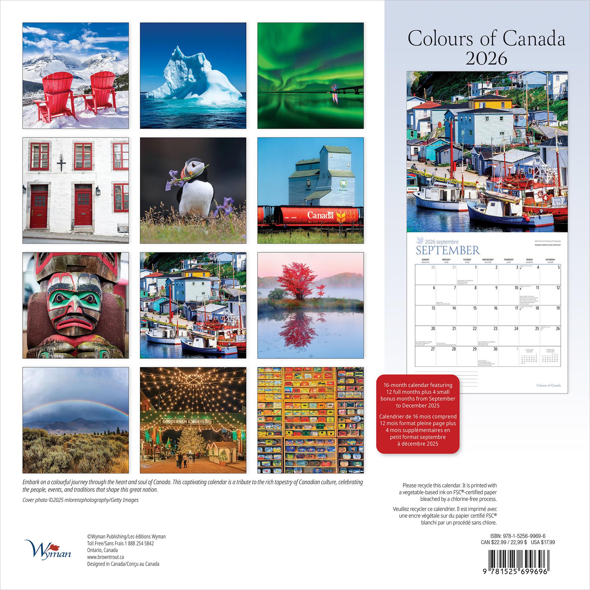 Calendrier mural Couleurs du Canada 2026