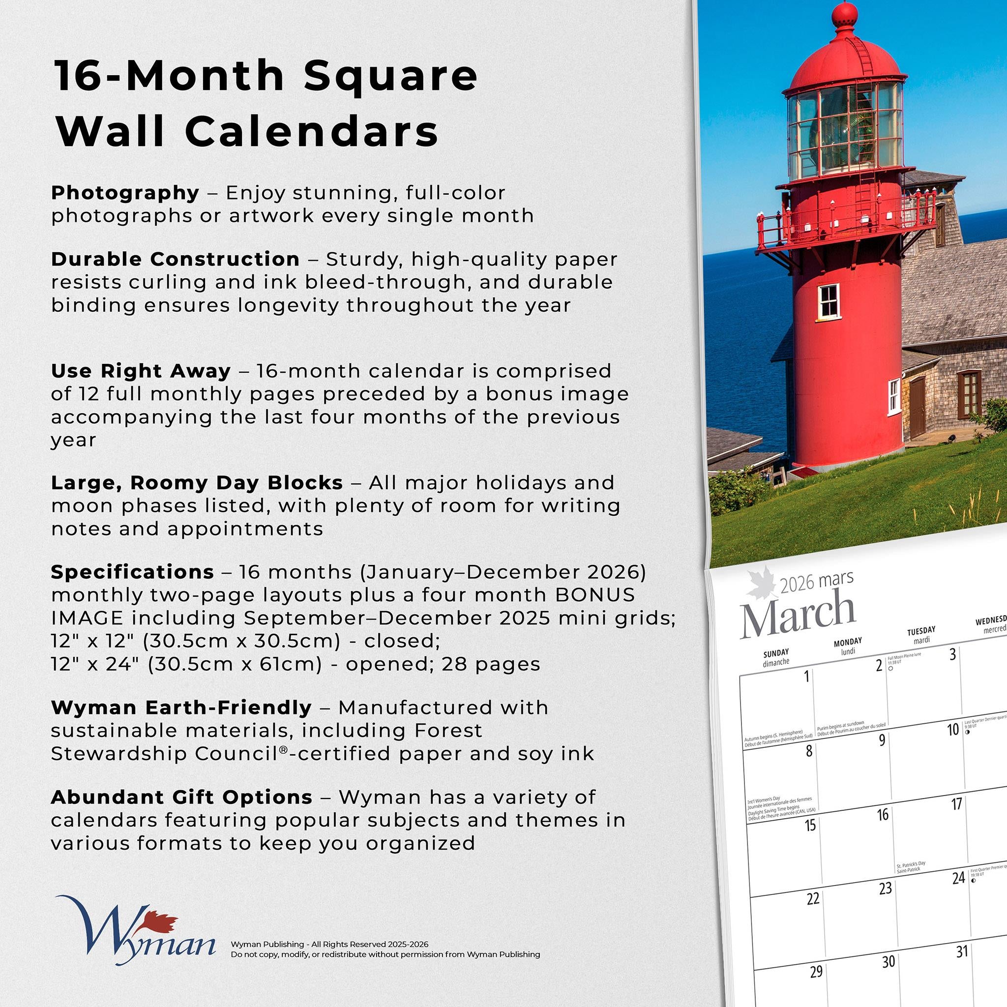 Lighthouses Of Canada 2026 Wall Calendar