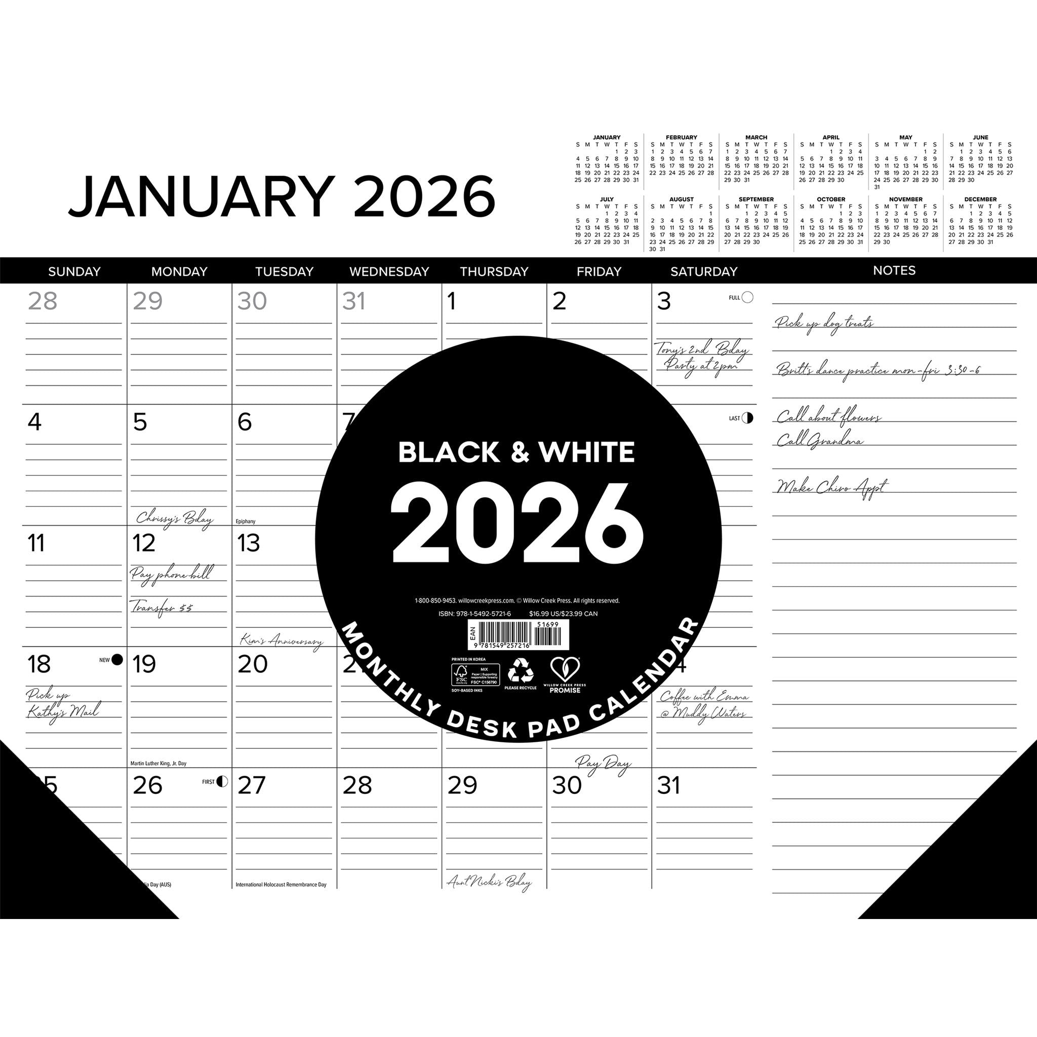 Sous-main calendrier noir et blanc 2026