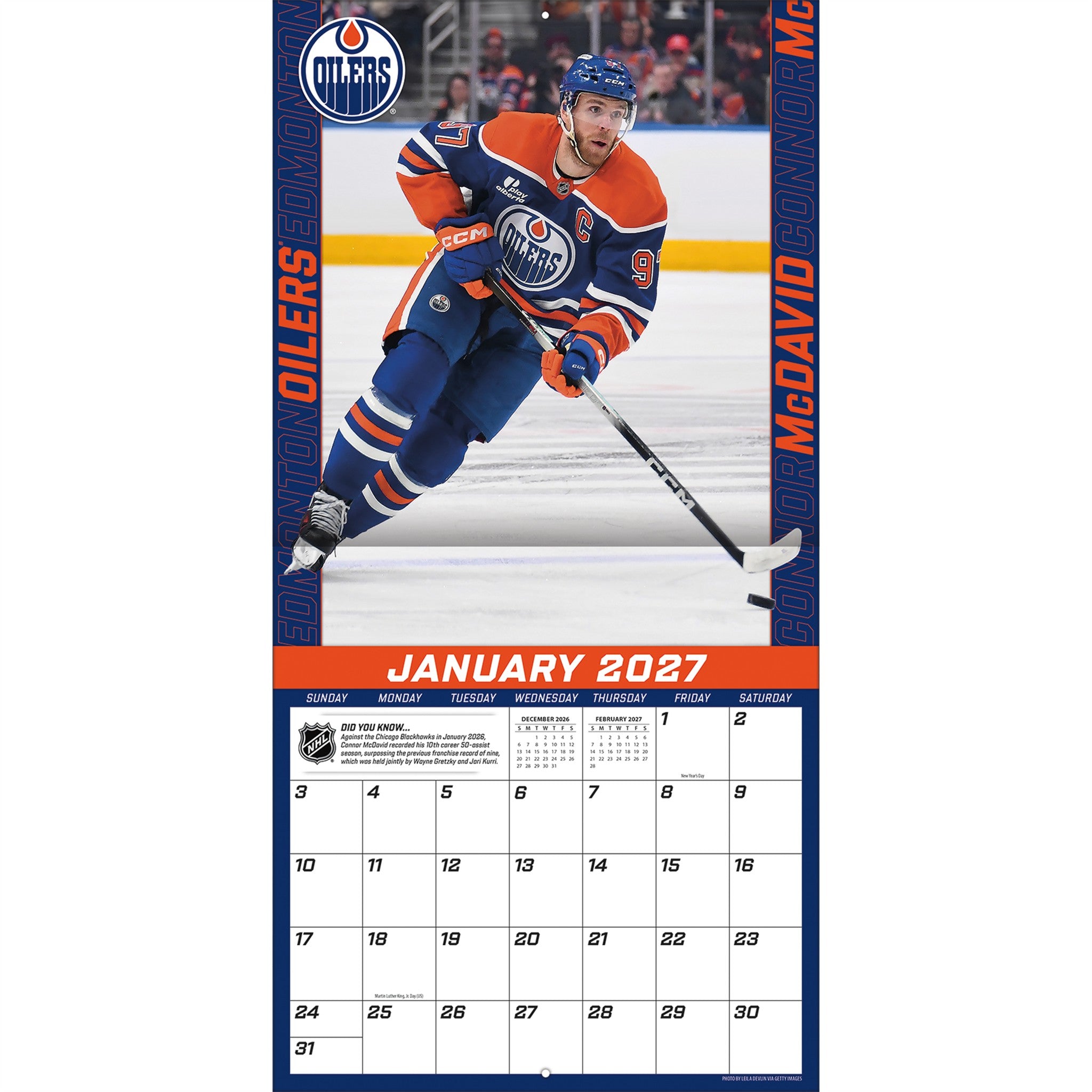 NHL Connor Mcdavid Edmonton Oilers 2027 Wall Calendar