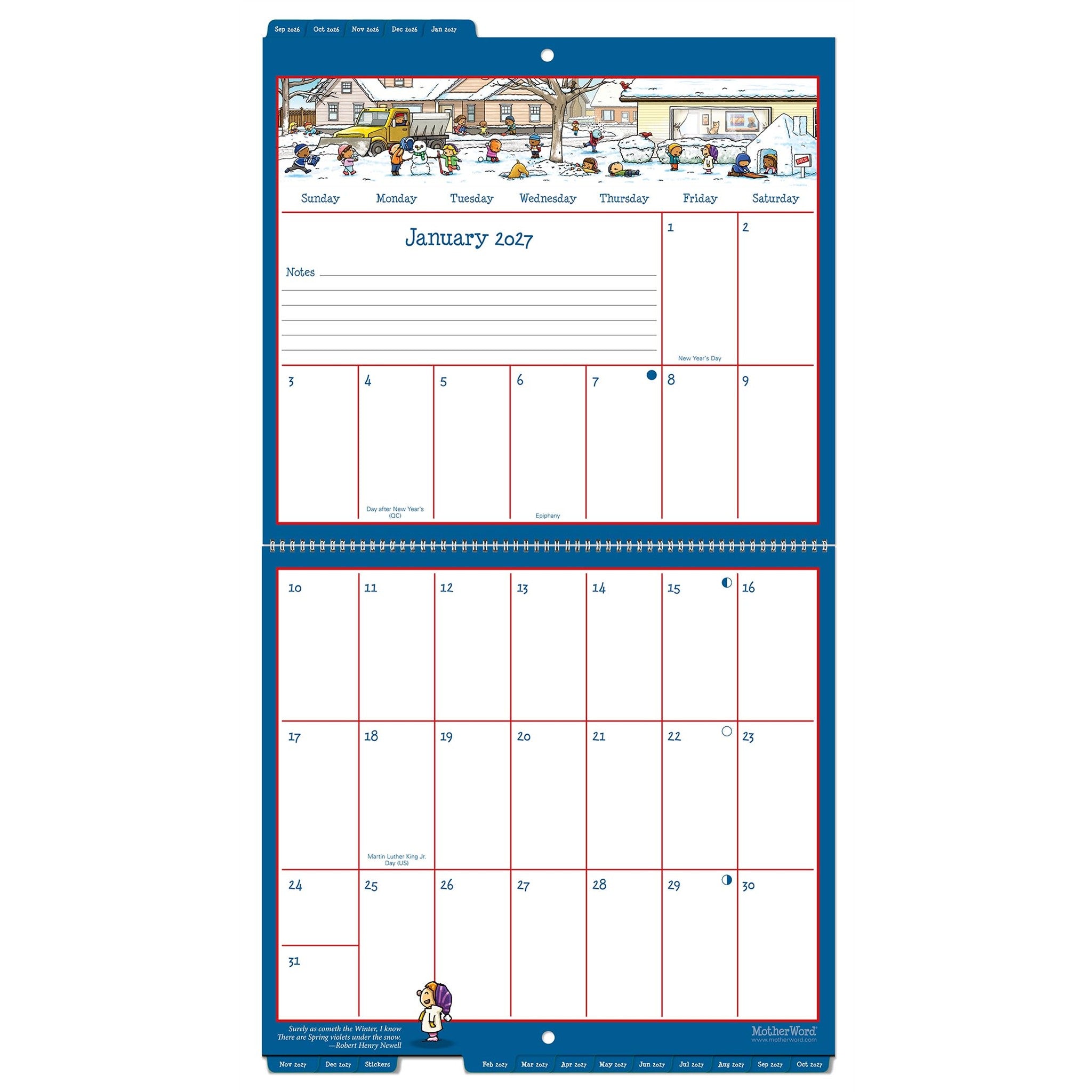Calendrier mural onglets MotherWord anglais 2027