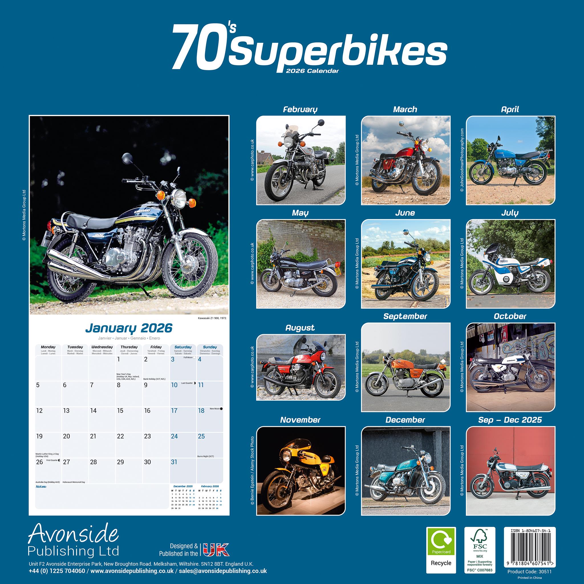 Calendrier mural des superbikes des années 70 (2026)
