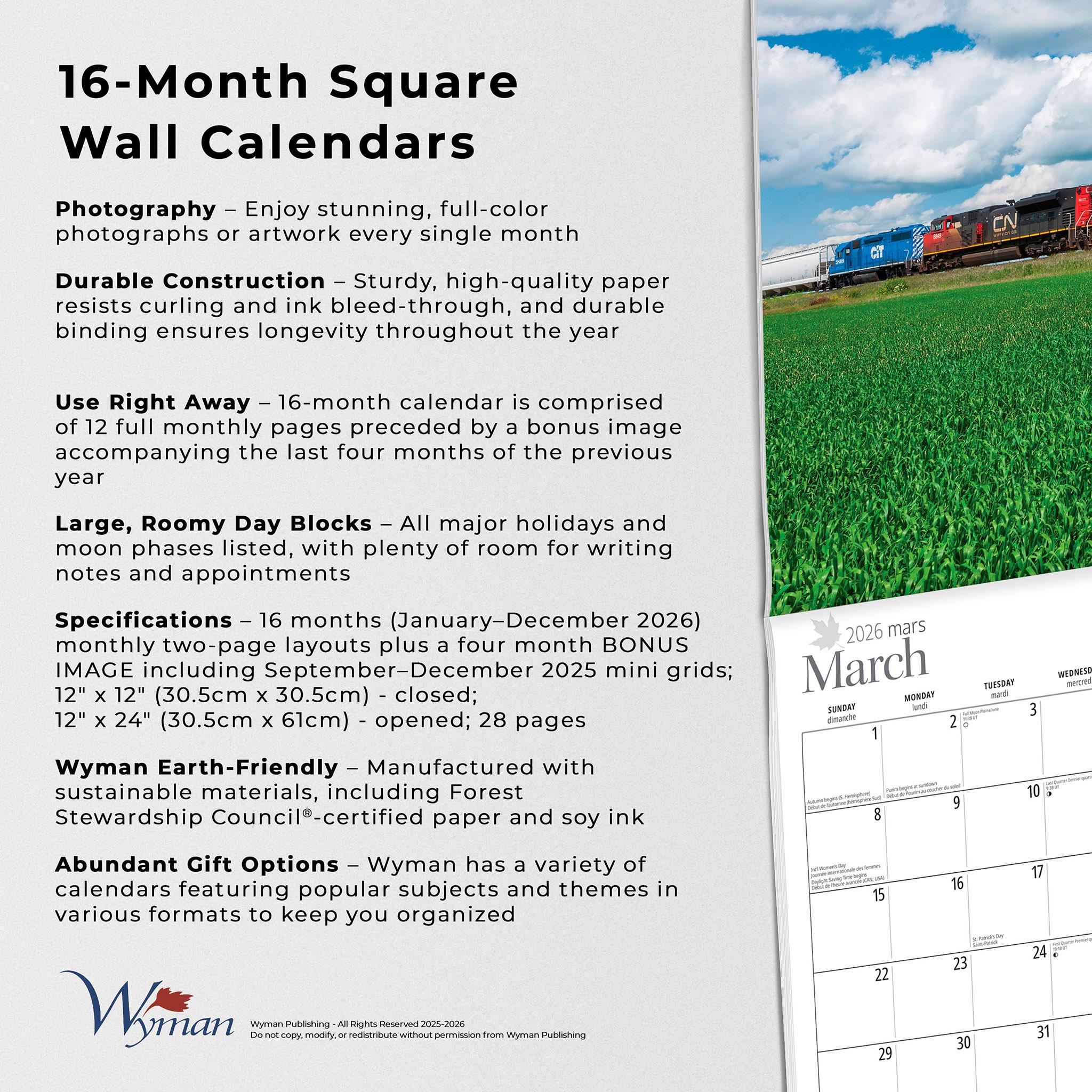 Canadian Trains Bilingual 2026 Wall Calendar