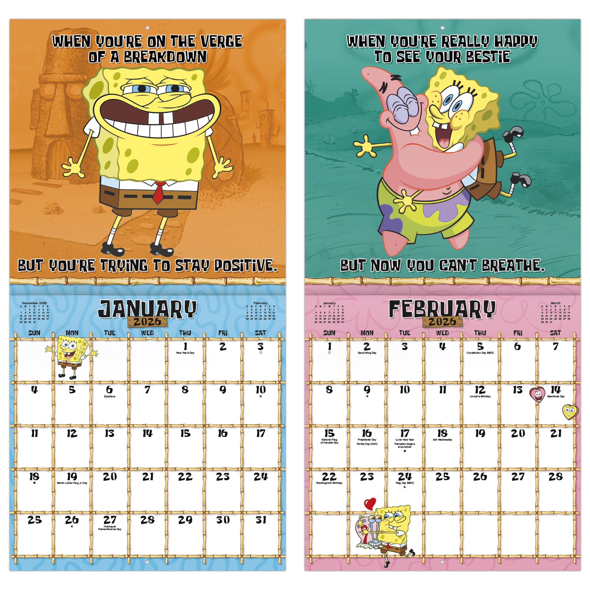 Calendrier mural Bob l'éponge 2026