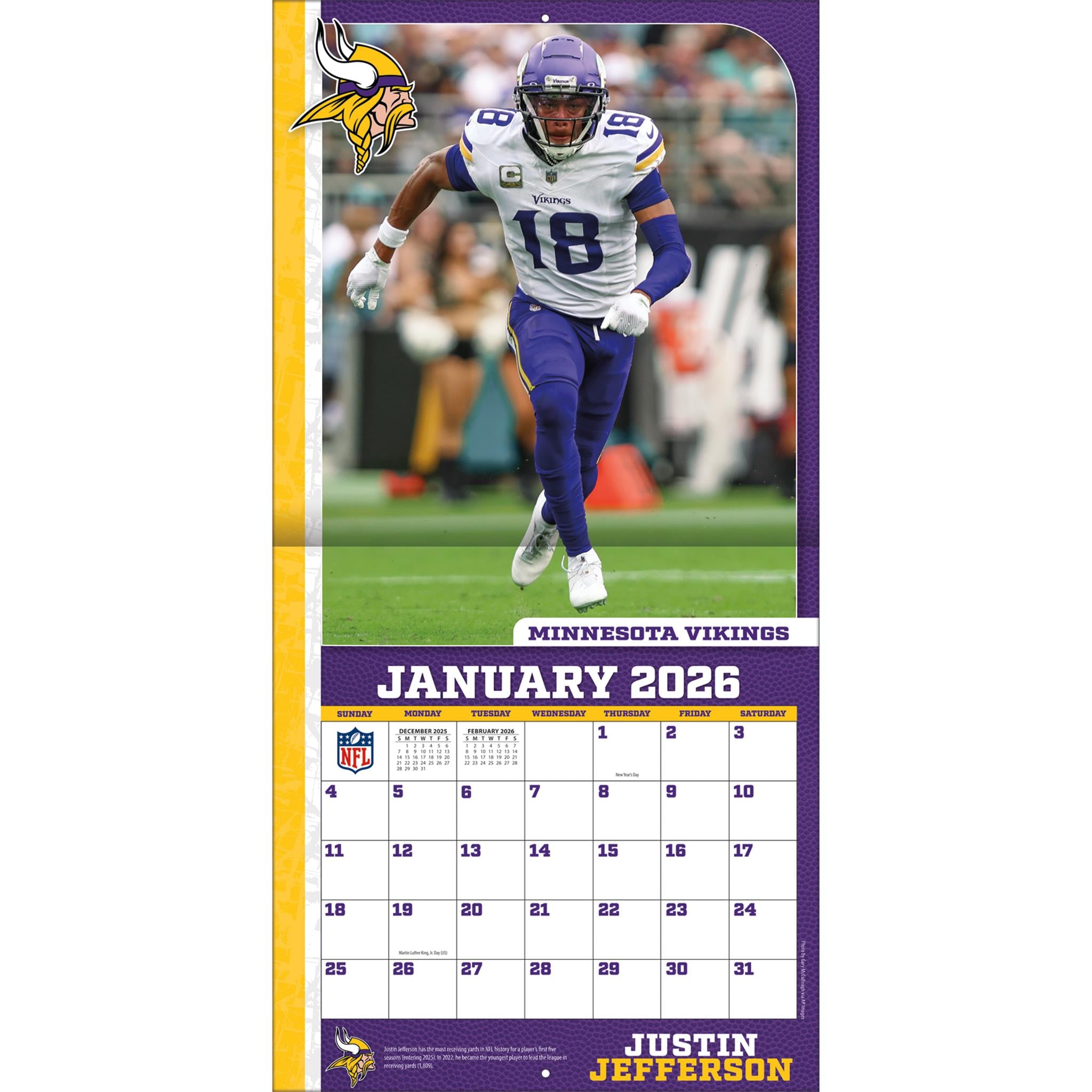 Calendrier mural NFL Justin Jefferson Minnesota Vikings 2026