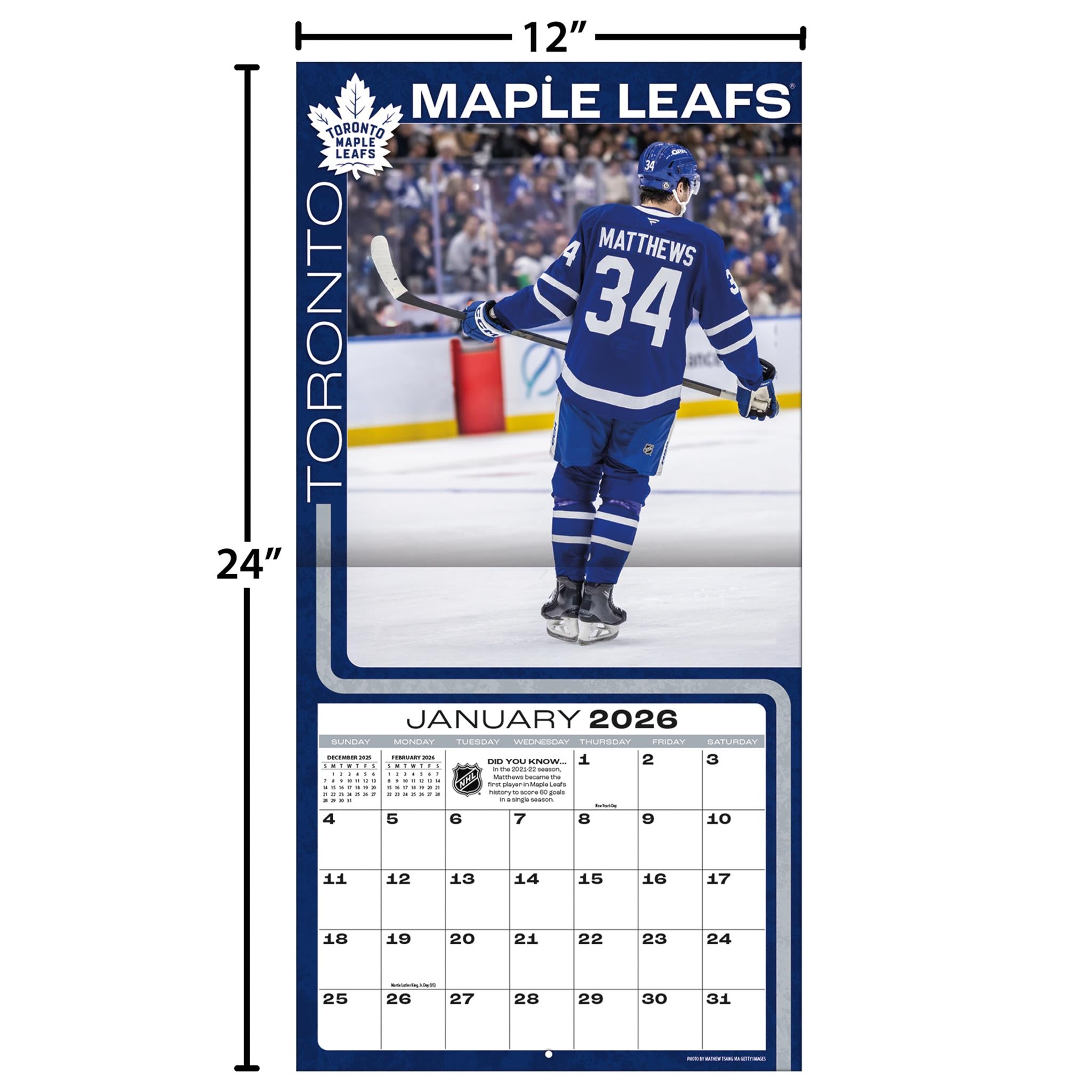 Calendrier mural 2026 d'Auston Matthews des Maple Leafs de Toronto (NHL)