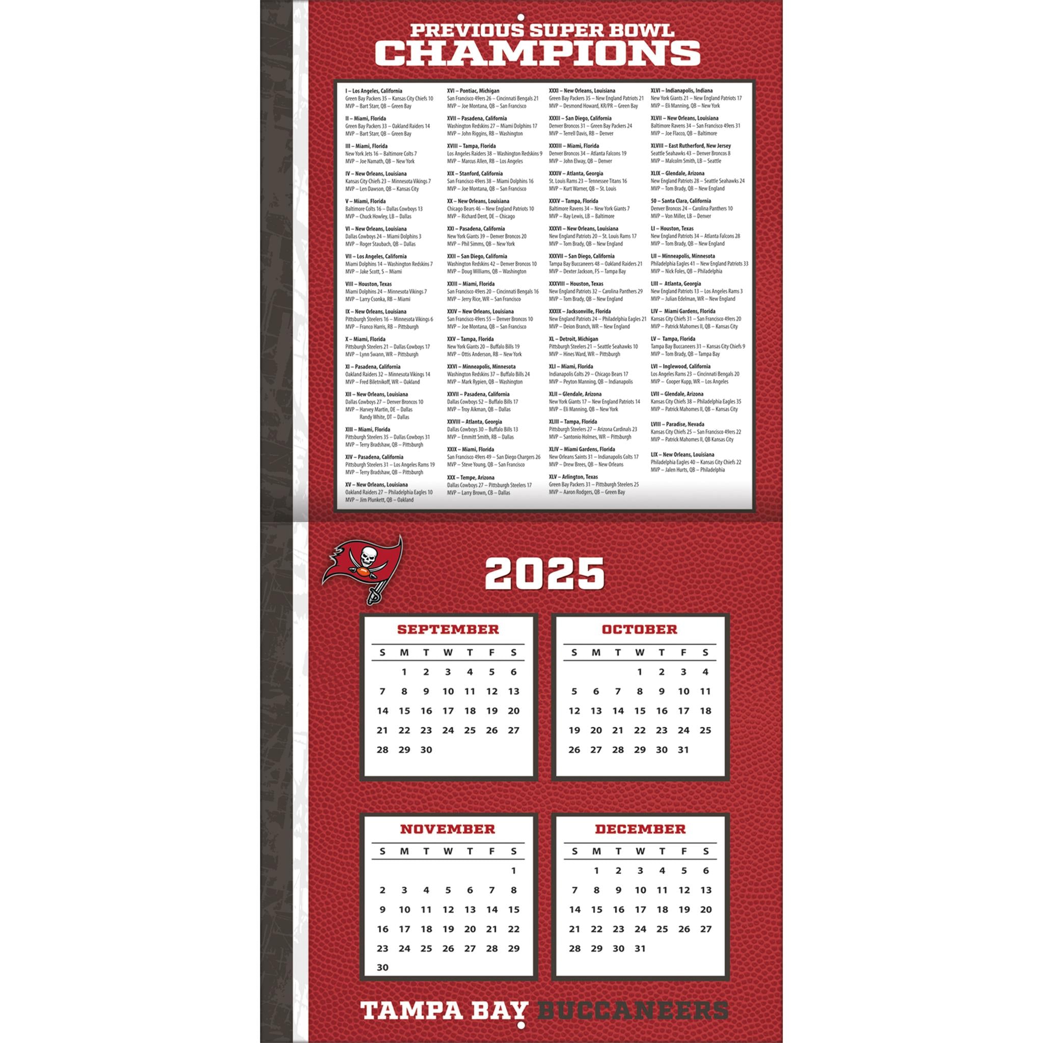 Calendrier mural 2026 des Buccaneers de Tampa Bay (NFL) - Disponible uniquement en ligne