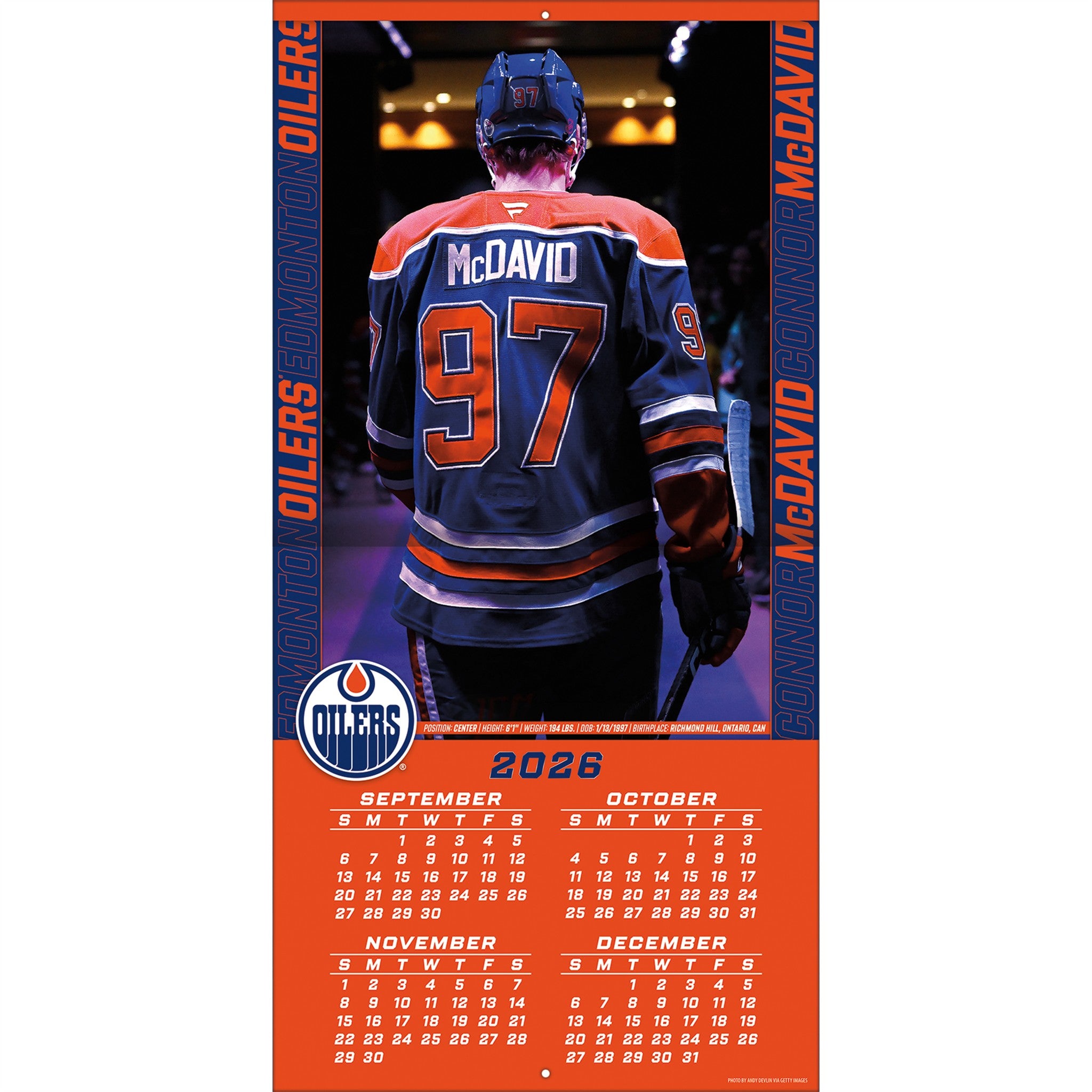 NHL Connor Mcdavid Edmonton Oilers 2027 Wall Calendar