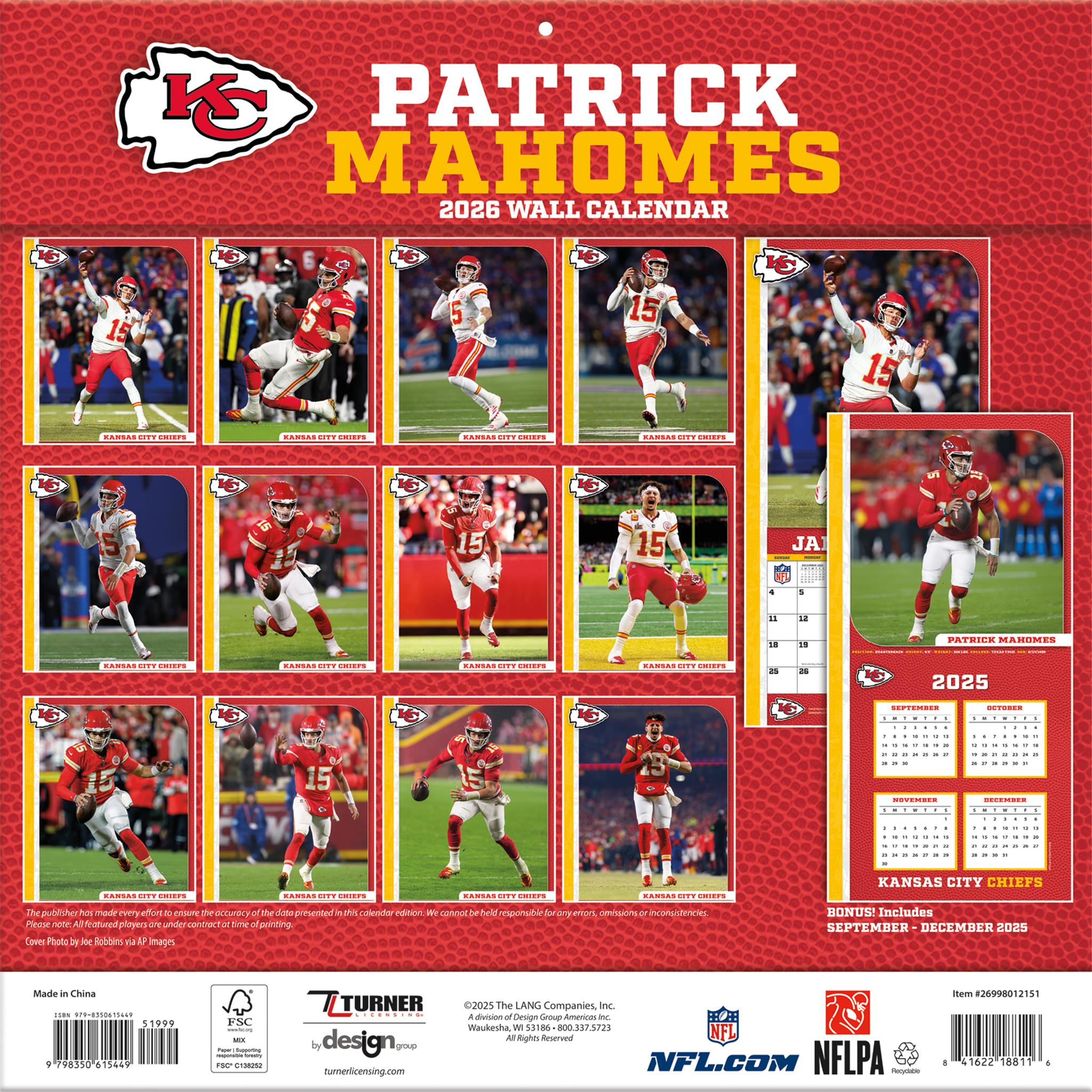 Calendrier mural NFL Patrick Mahomes Kansas City Chiefs 2026