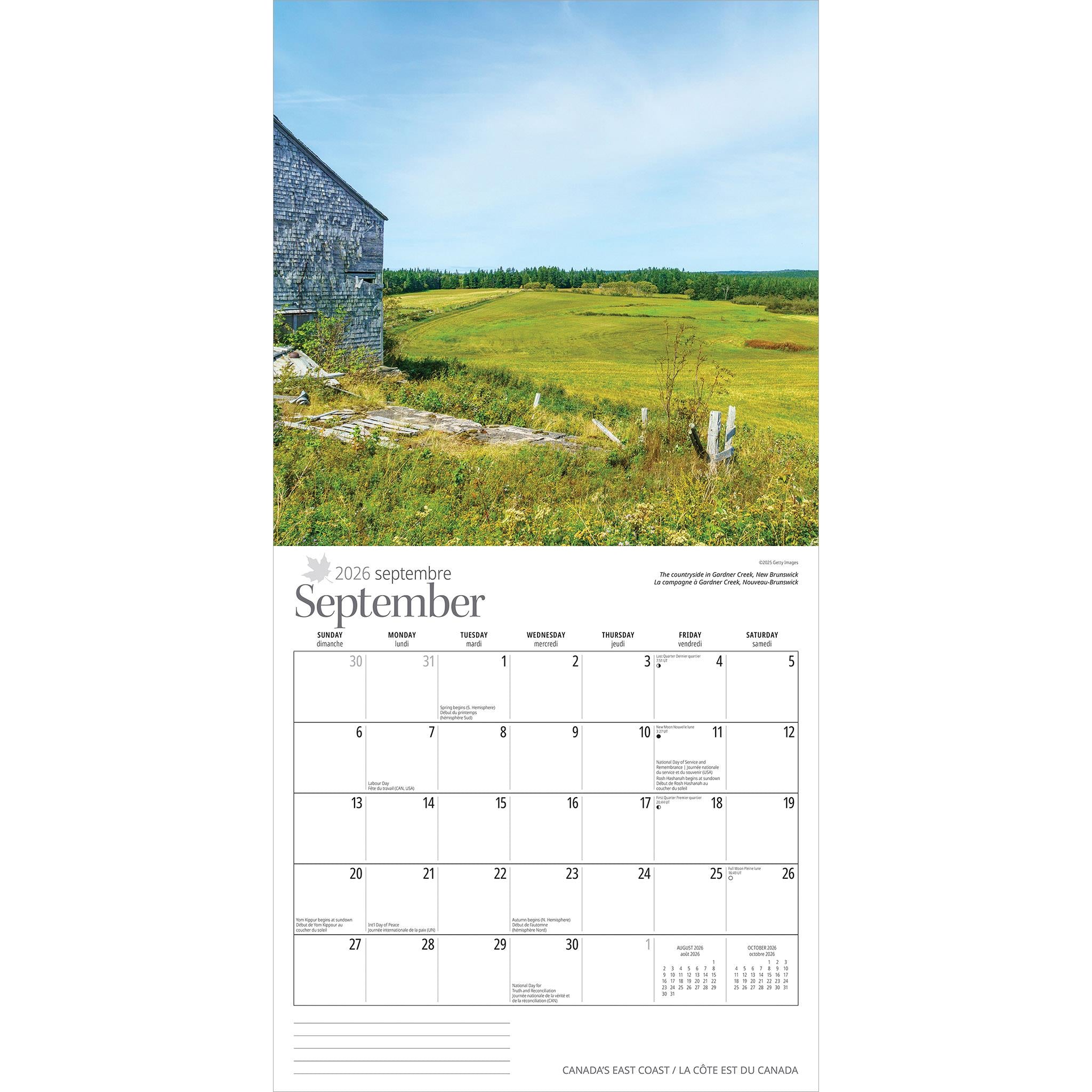 Calendrier mural de la côte est du Canada 2026