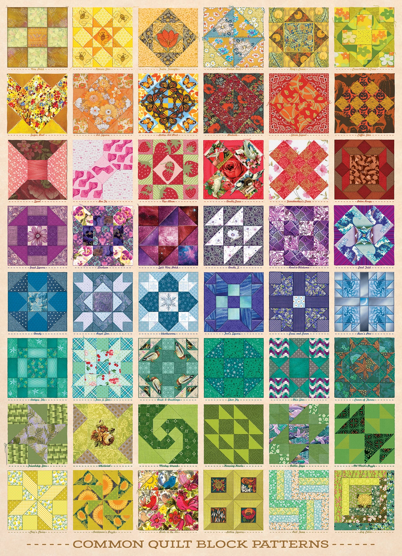 Puzzle de 1000 pièces représentant des blocs de patchwork courants