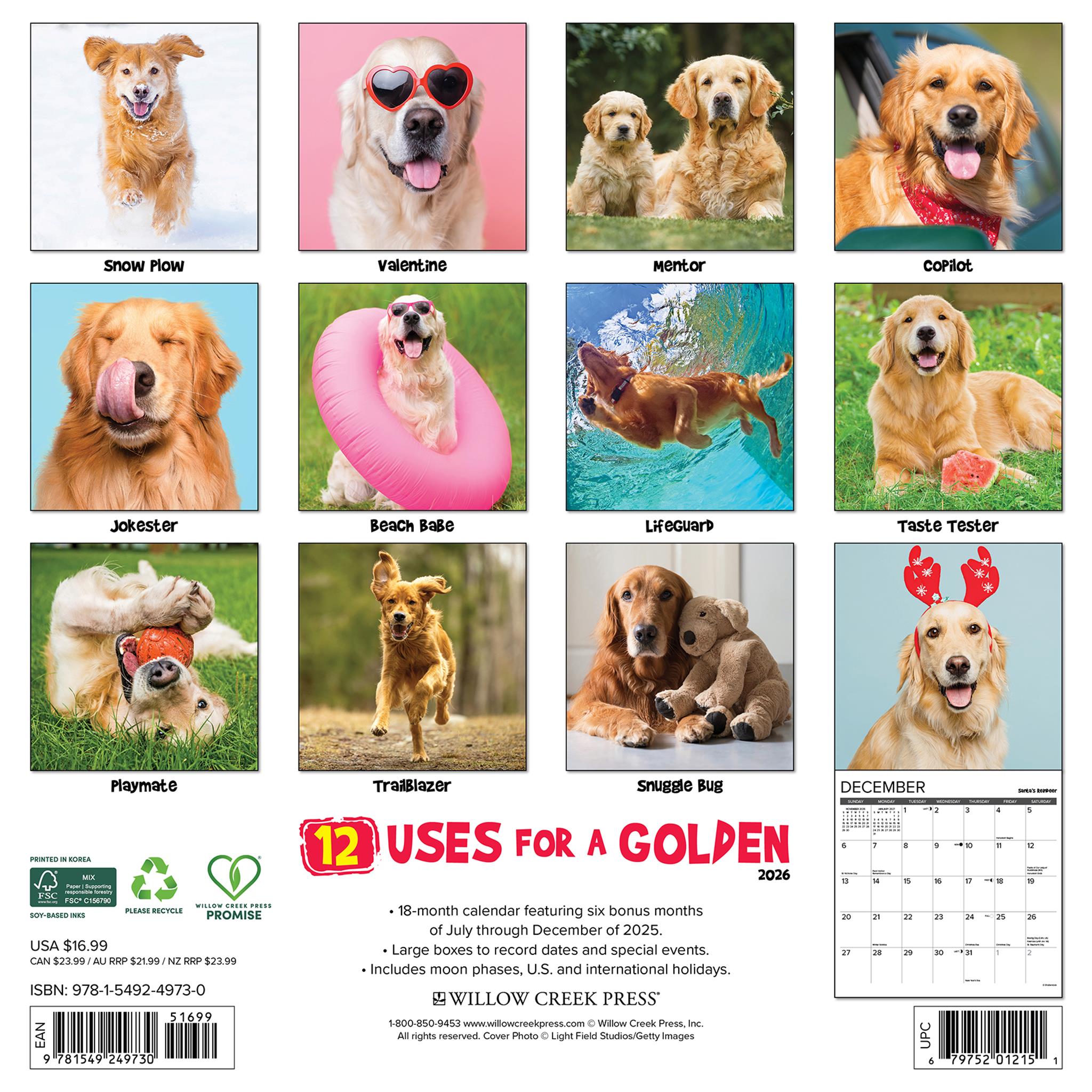 Calendrier mural Goldens 12 utilisations pour 2026 - Disponible uniquement en ligne