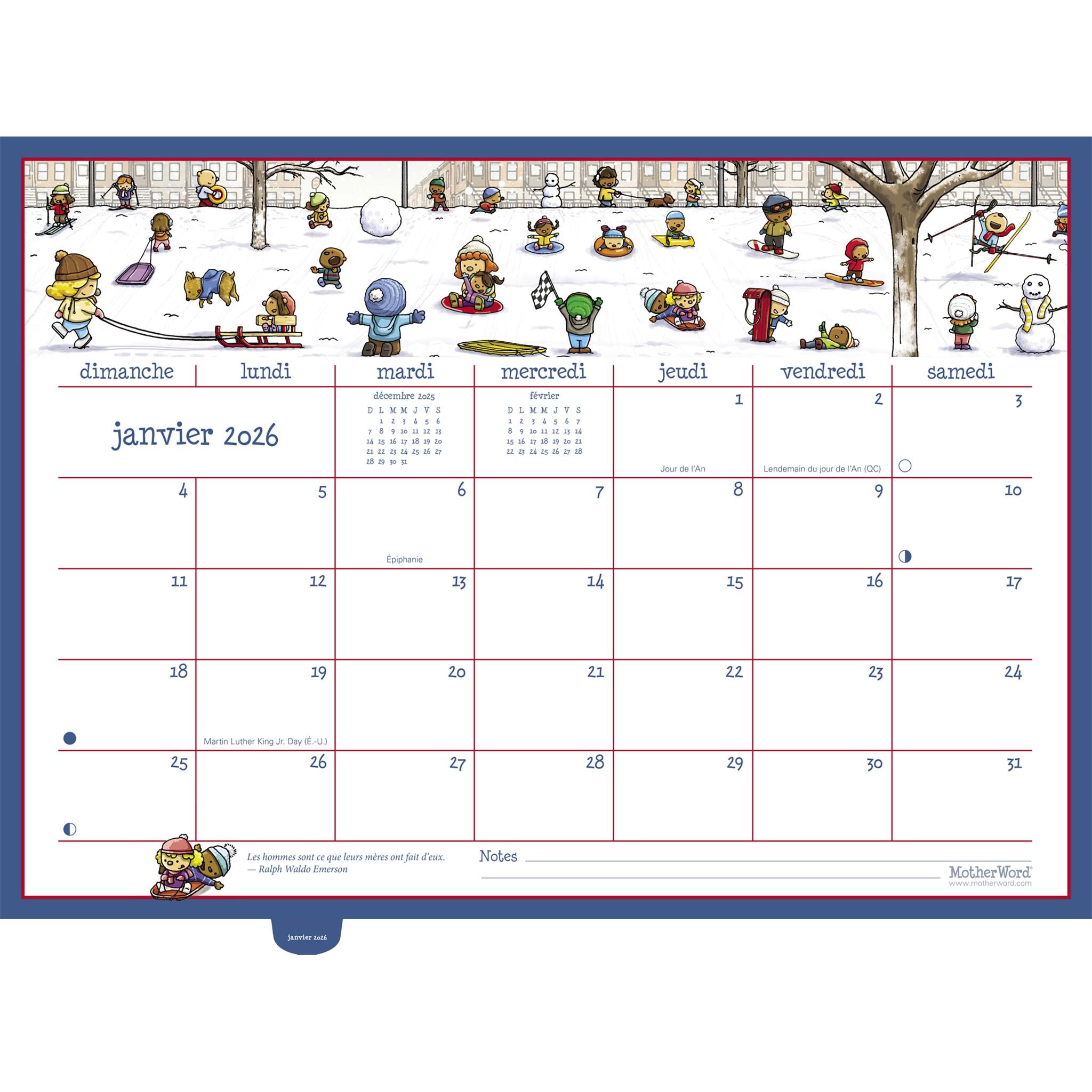 Calendrier mural de luxe Motherword 2025-2026 (français)