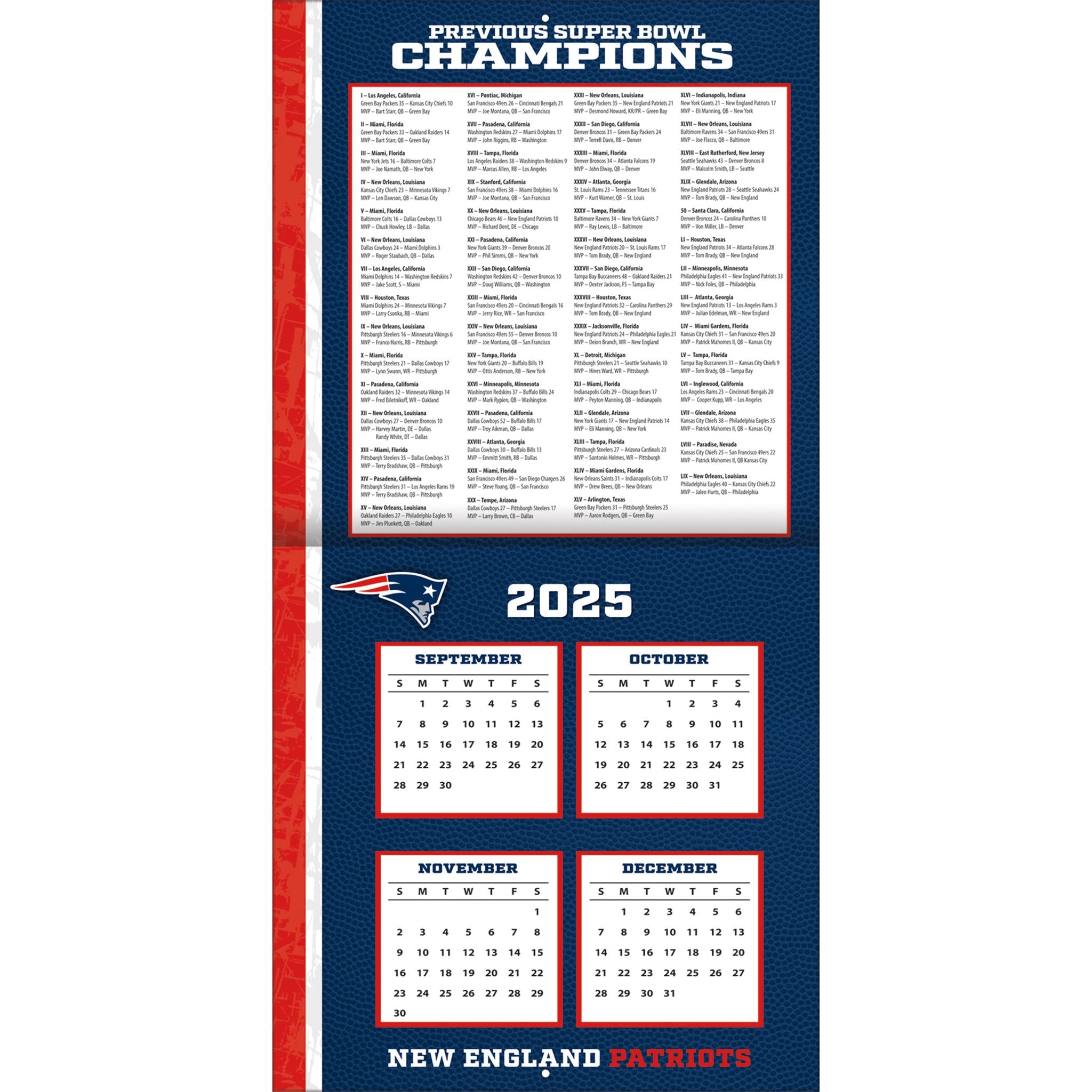 Calendrier mural 2026 des New England Patriots (NFL)