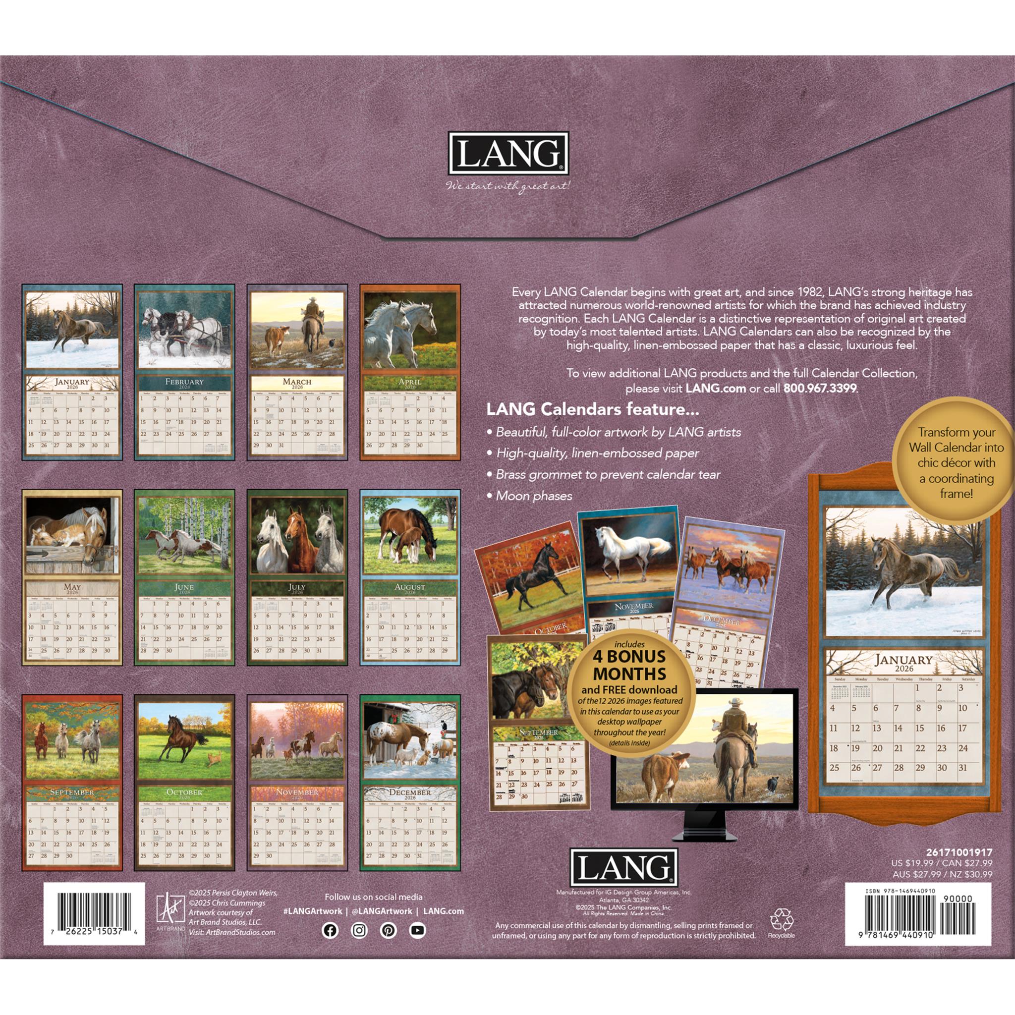 Calendrier mural de luxe édition spéciale 2025-2026 « Chevaux dans la brume » avec mois bonus